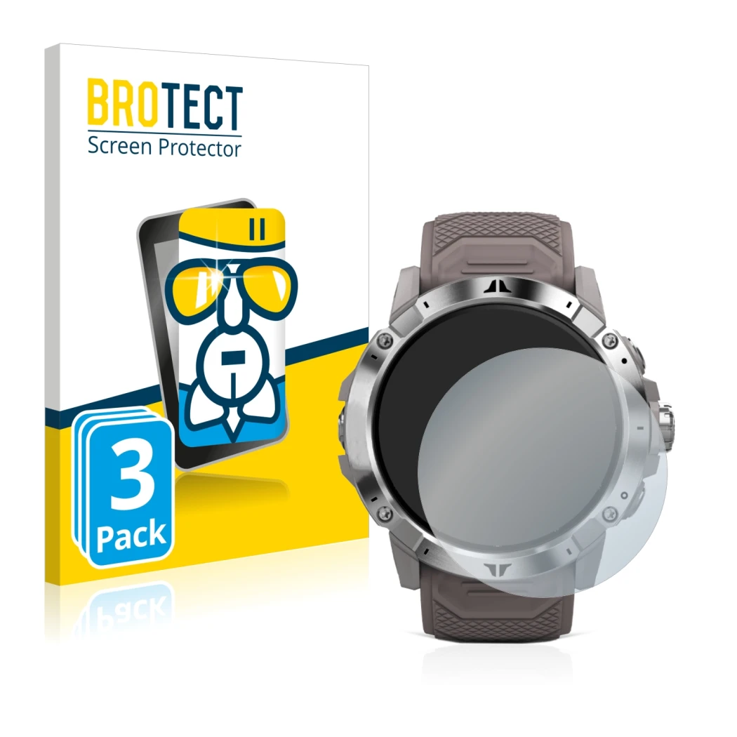 Front side of a product packaging with the brand logo BROTECT. Next to it is the device Coros Vertix 2 shown with the correspo