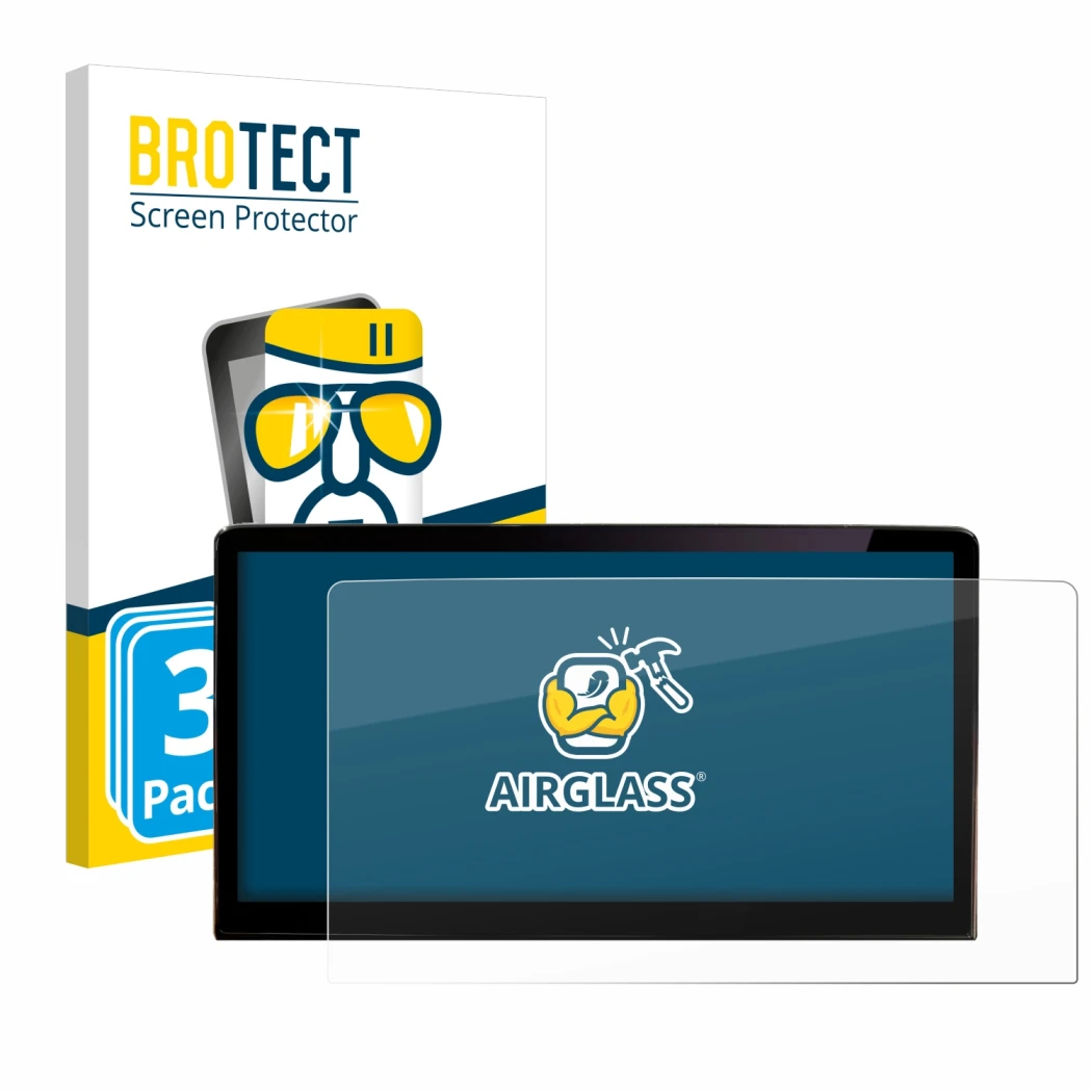 Front side of a product packaging with the brand logo BROTECT. Next to it is the device Skoda Enyaq iV 80 2021 Infotainment Sy