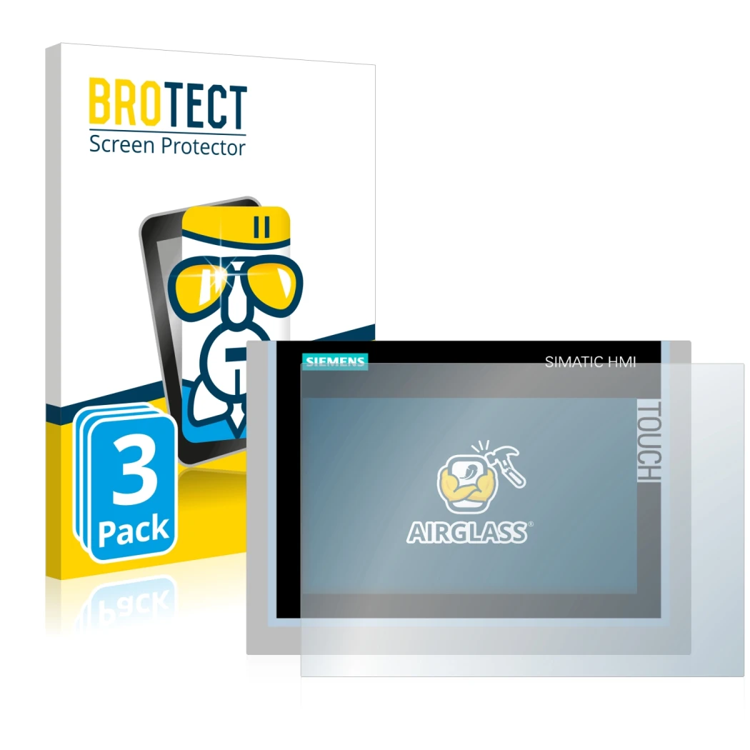 Front side of a product packaging with the brand logo BROTECT. Next to it is the device Siemens Simatic HMI TP700 Comfort show
