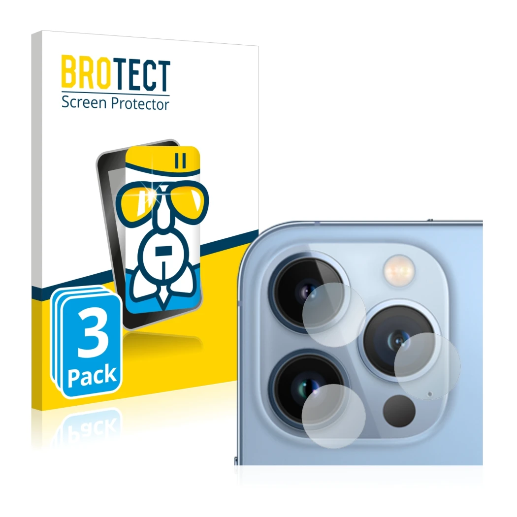 Front side of a product packaging with the brand logo BROTECT. Next to it is the device Apple iPhone 13 Pro (ONLY Camera Lens)