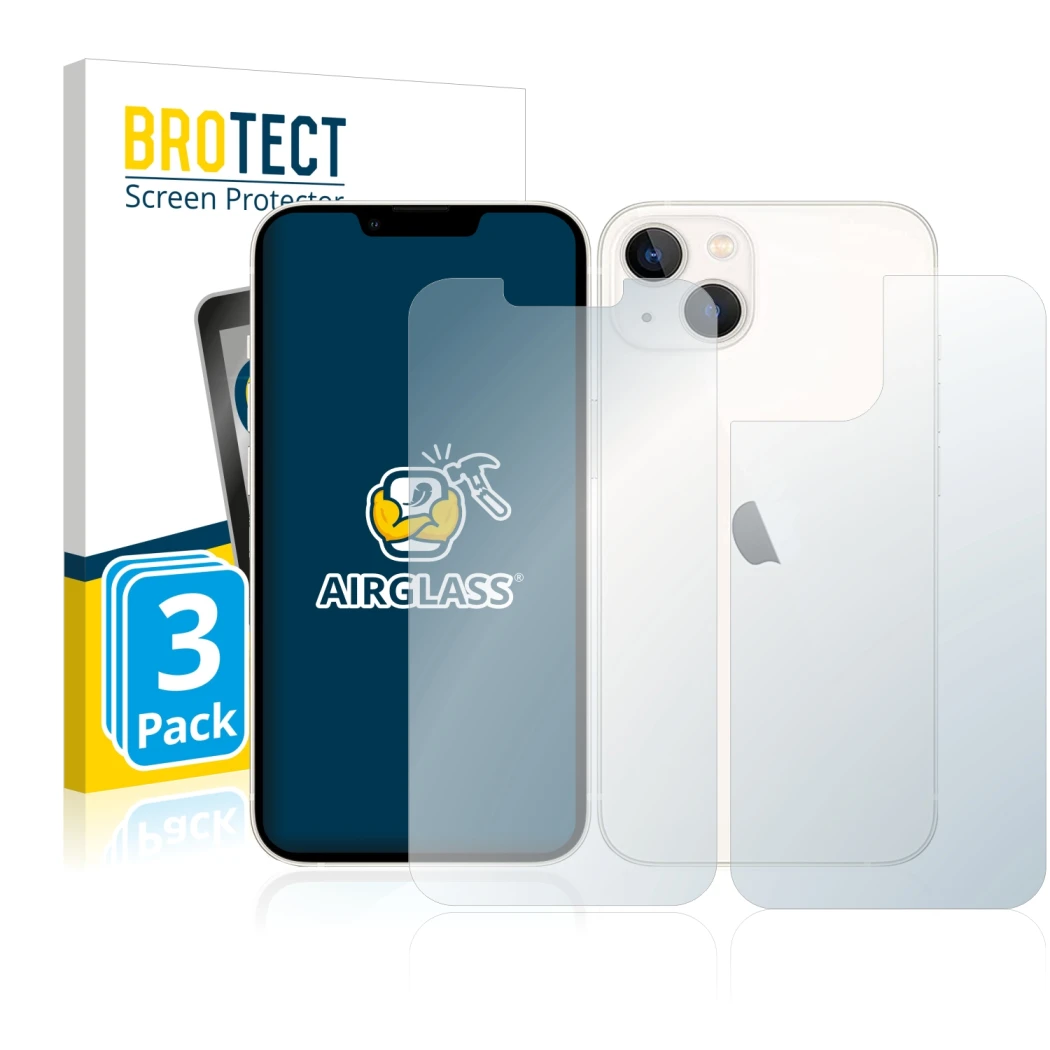 Front side of a product packaging with the brand logo BROTECT. Next to it is the device Apple iPhone 13 (Front+Back) shown wit