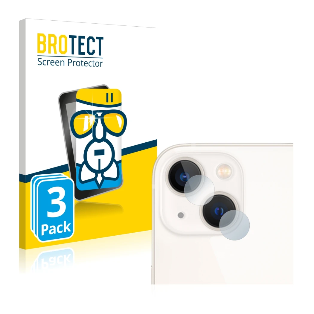 Front side of a product packaging with the brand logo BROTECT. Next to it is the device Apple iPhone 13 (ONLY Camera Lens) sho