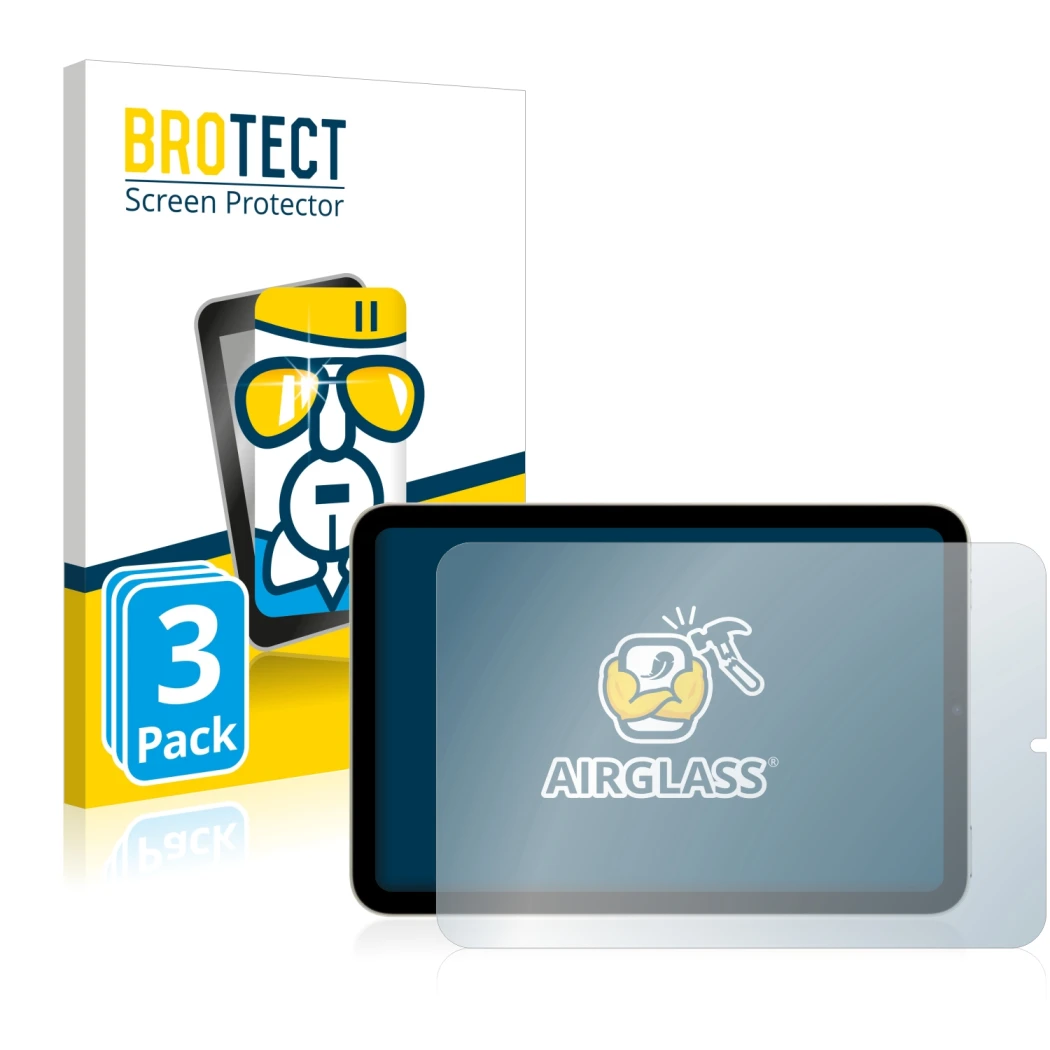 Front side of a product packaging with the brand logo BROTECT. Next to it is the device Apple iPad Mini 6 2021 (Landscape, 6nd