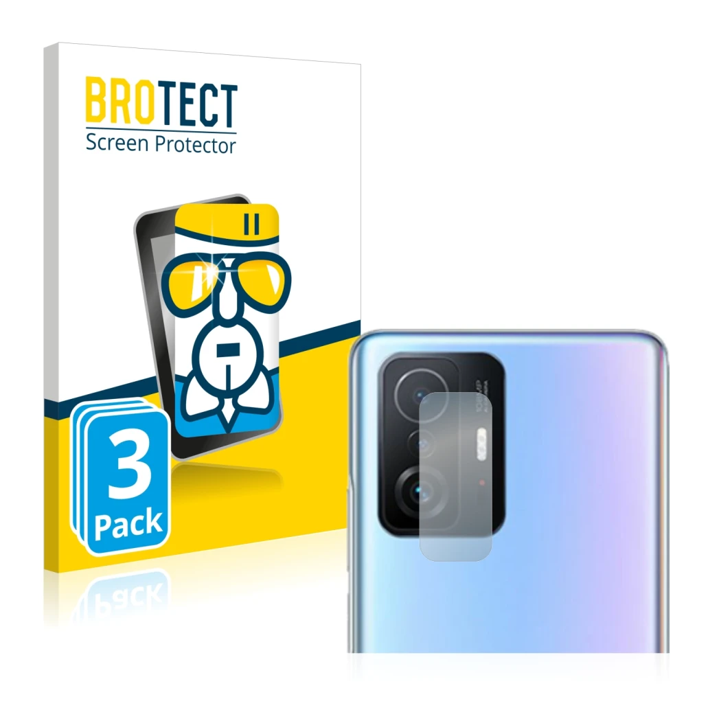 Front side of a product packaging with the brand logo BROTECT. Next to it is the device Xiaomi 11T Pro (ONLY Camera Lens) show