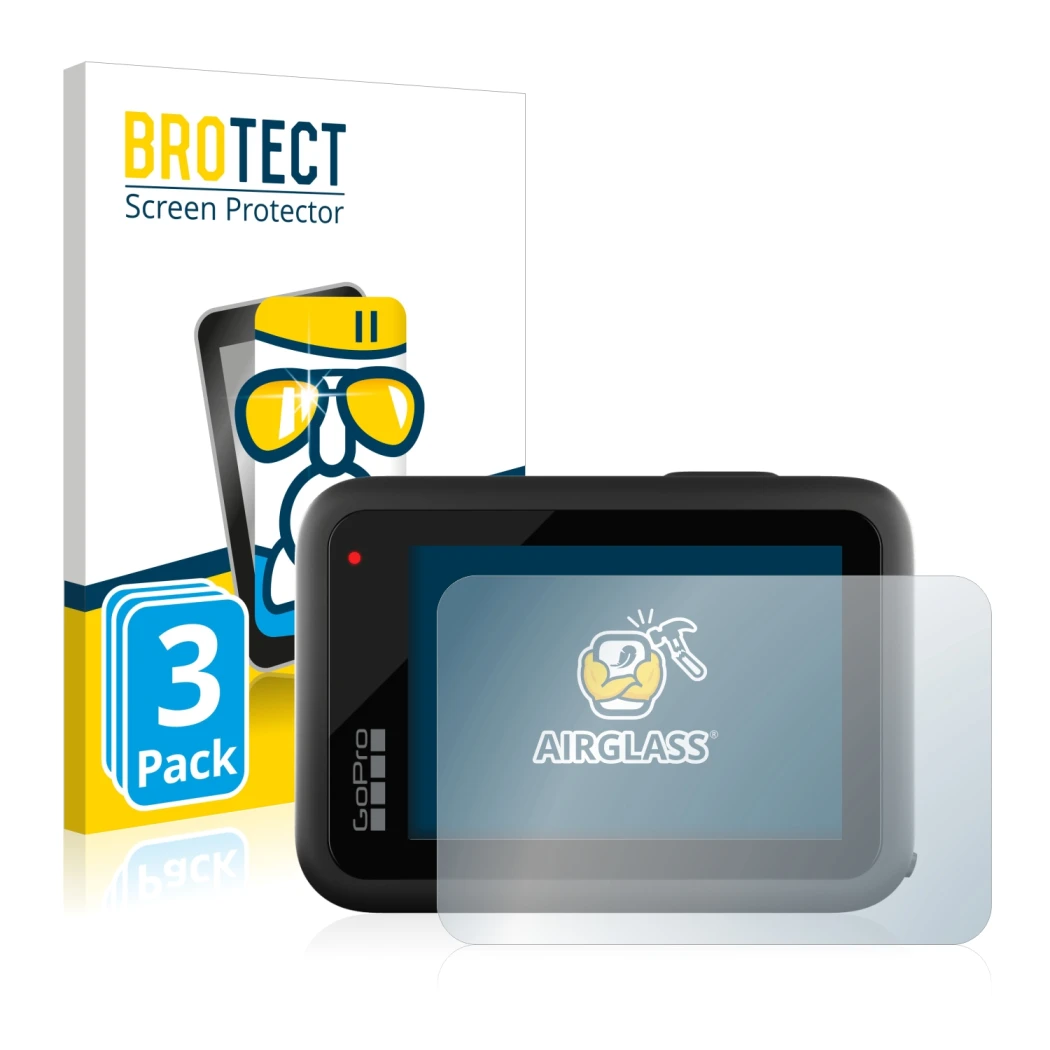 Front side of a product packaging with the brand logo BROTECT. Next to it is the device GoPro Hero 10 Black shown with the cor