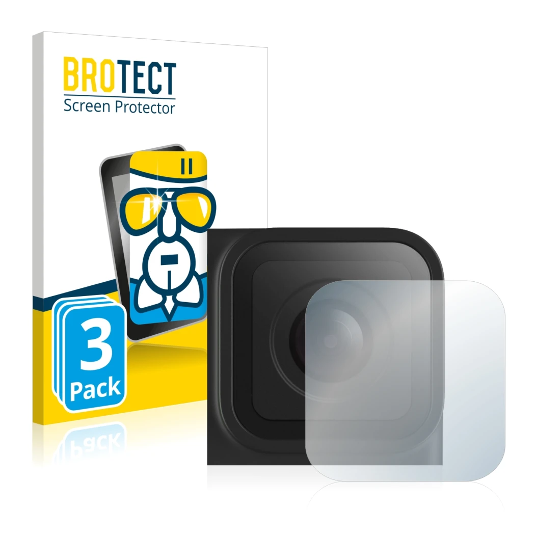 Front side of a product packaging with the brand logo BROTECT. Next to it is the device GoPro Hero 10 Black Lens (housing) sho