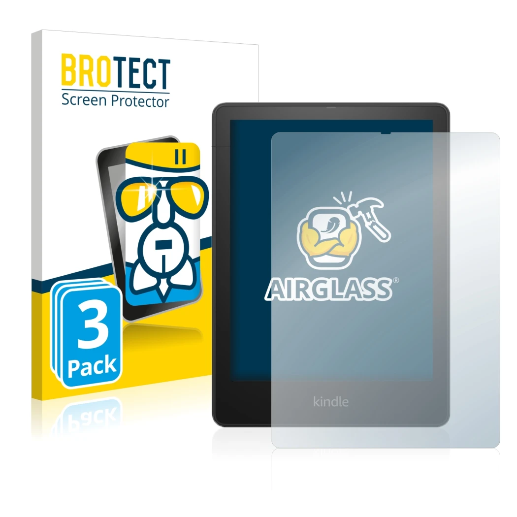 Front side of a product packaging with the brand logo BROTECT. Next to it is the device Amazon Kindle Paperwhite 2021 Signatur