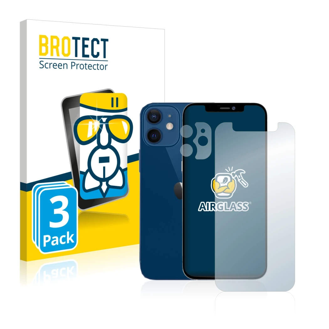 Front side of a product packaging with the brand logo BROTECT. Next to it is the device Apple iPhone 12 mini (Front+Camera) sh