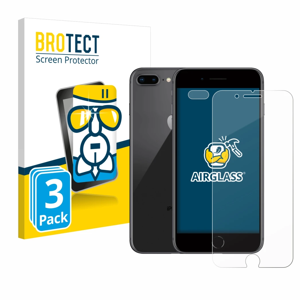 Front side of a product packaging with the brand logo BROTECT. Next to it is the device Apple iPhone 8 Plus (Front+Camera) sho