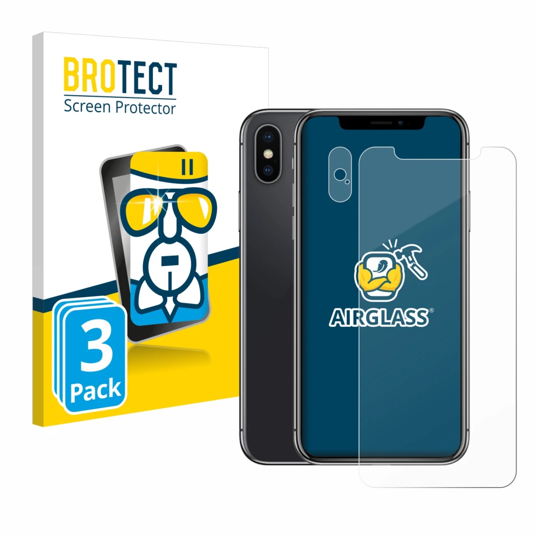 Front side of a product packaging with the brand logo BROTECT. Next to it is the device Apple iPhone X (Front+Camera) shown wi