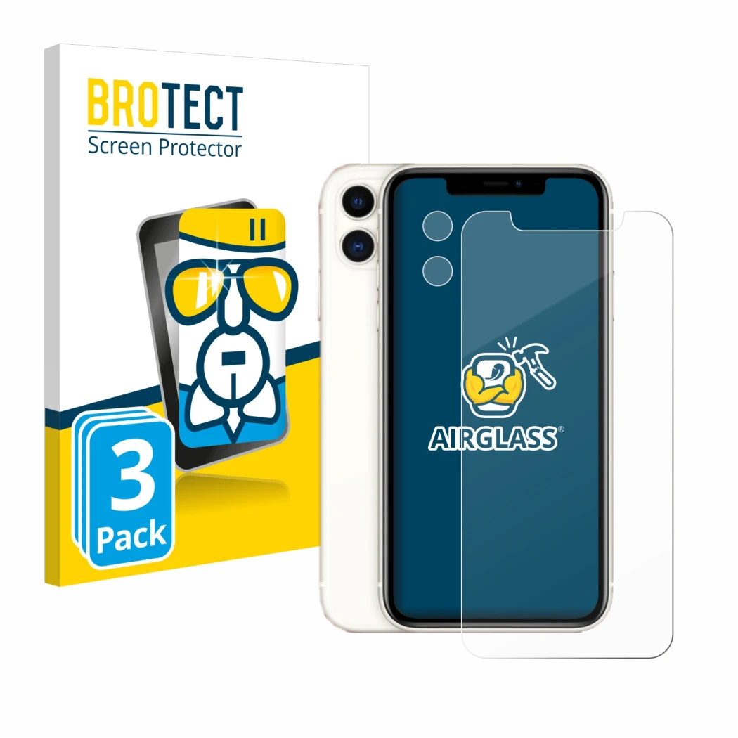 Front side of a product packaging with the brand logo BROTECT. Next to it is the device Apple iPhone 11 (Front+Camera) shown w