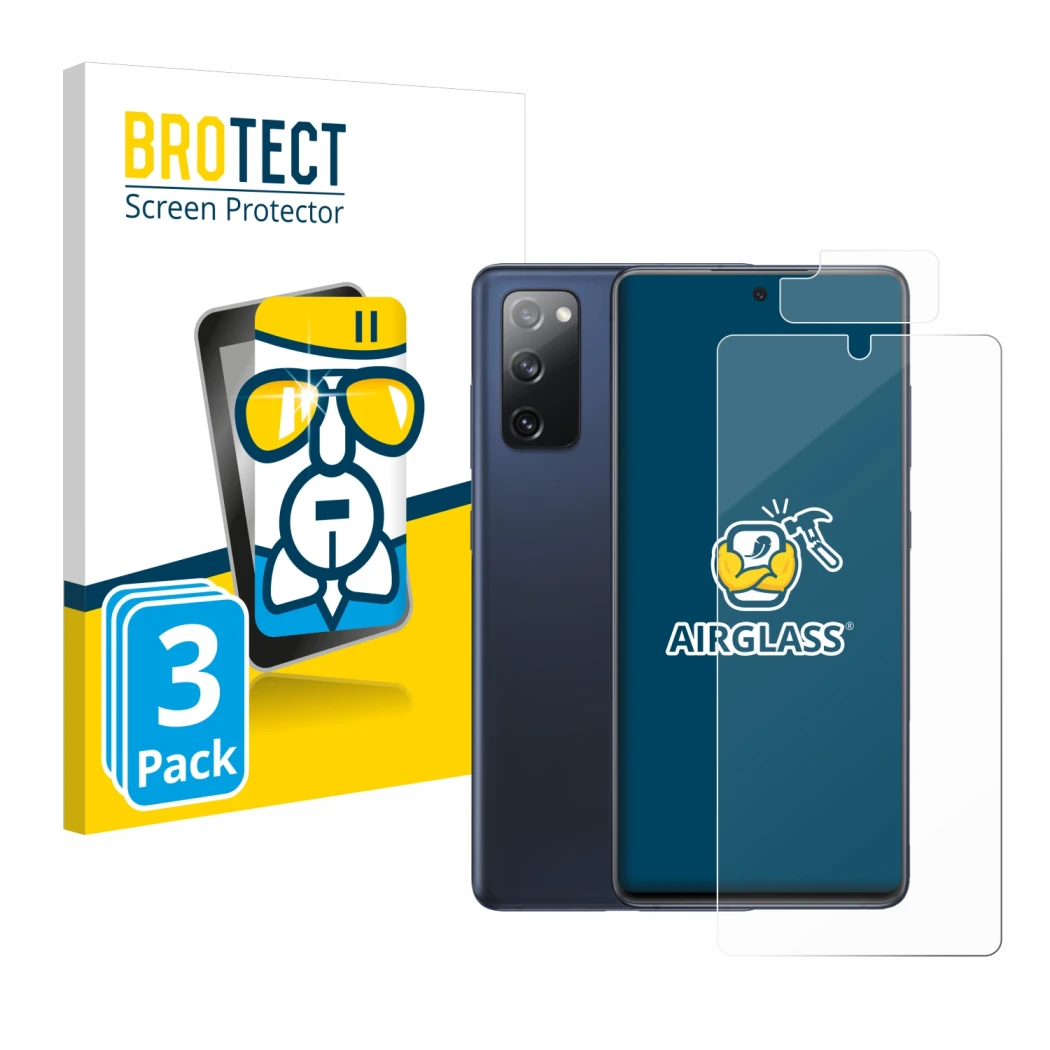 Front side of a product packaging with the brand logo BROTECT. Next to it is the device Samsung Galaxy S20 FE 5G (Front+Camera