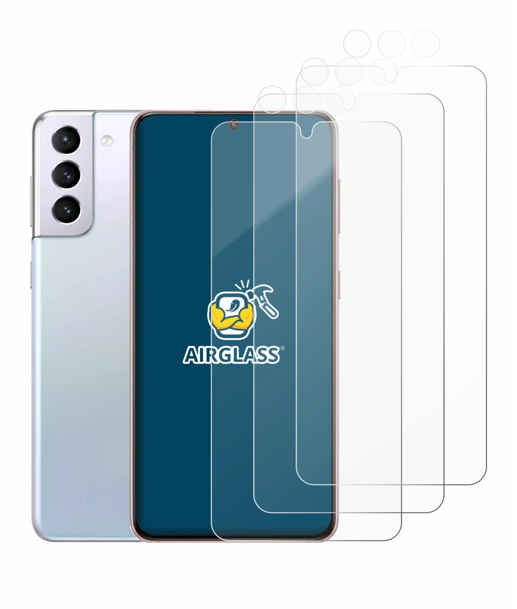 Image of the device Samsung Galaxy S21 (Front+Camera) with a wide variety of screen protectors.