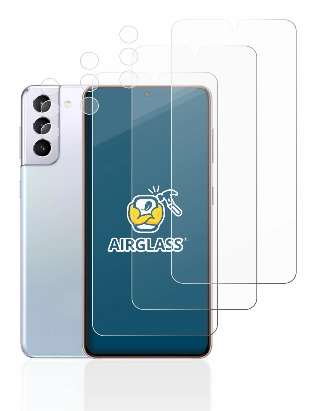 Image of the device Samsung Galaxy S21 5G (Front+Camera) with a wide variety of screen protectors.