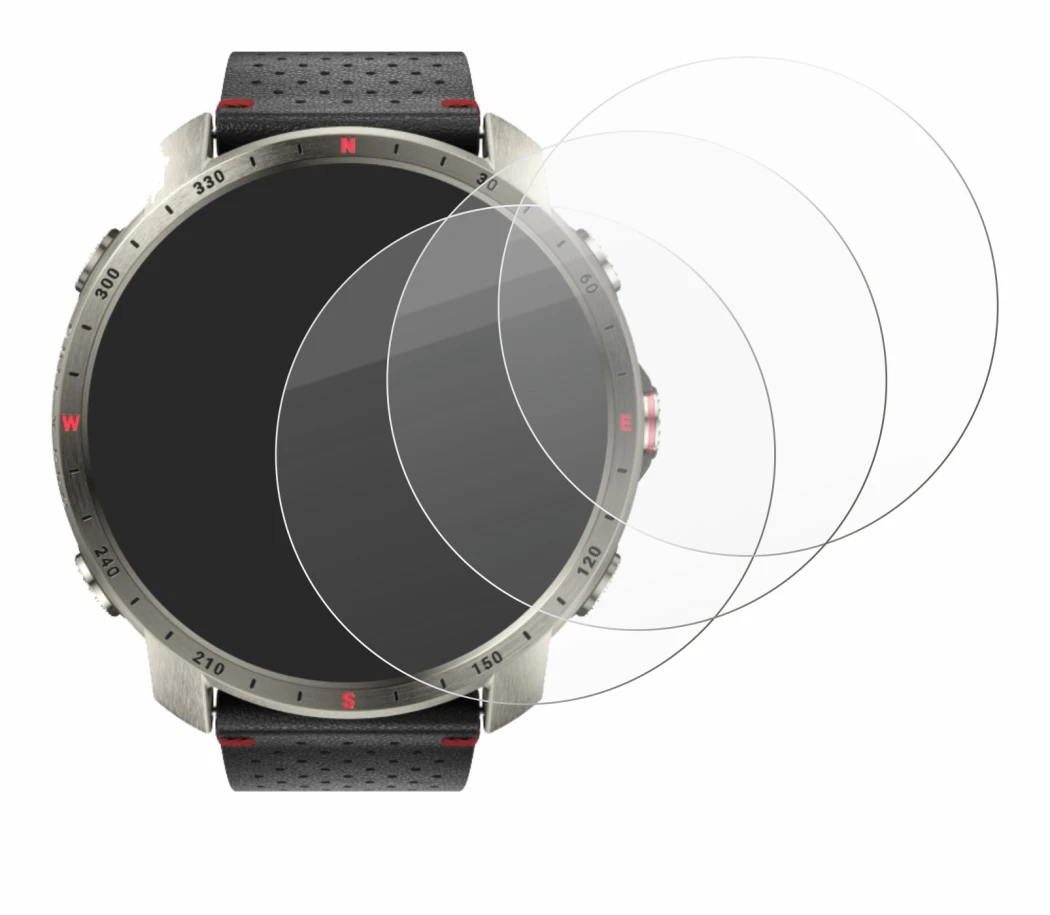 Image of the device Polar Grit X Pro Titan with a wide variety of screen protectors.