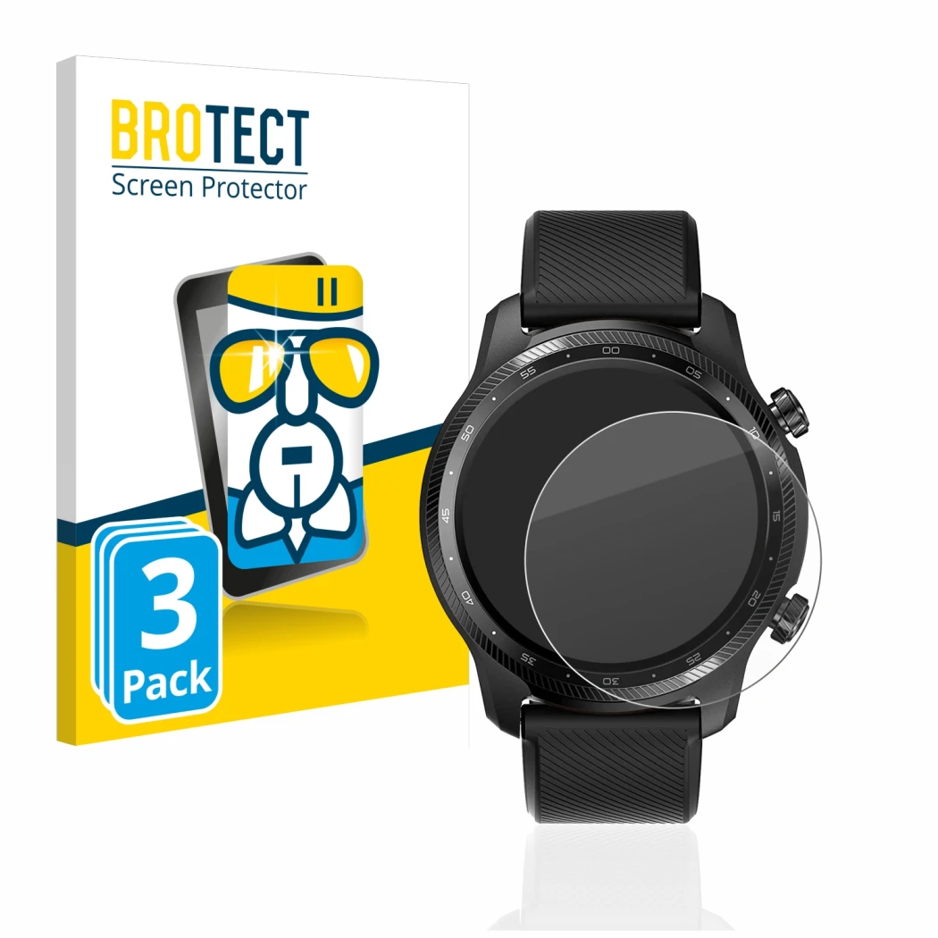 Front side of a product packaging with the brand logo BROTECT. Next to it is the device Mobvoi Ticwatch Pro 3 Ultra GPS shown 