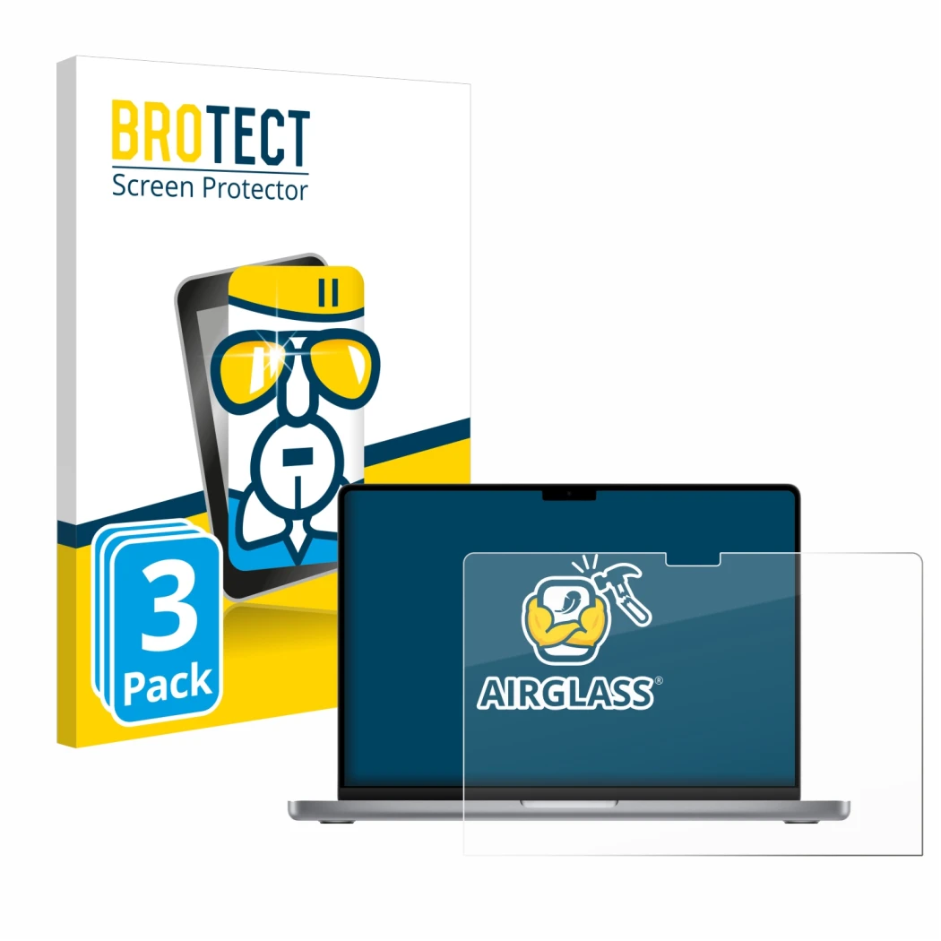 Front side of a product packaging with the brand logo BROTECT. Next to it is the device Apple MacBook Pro 14