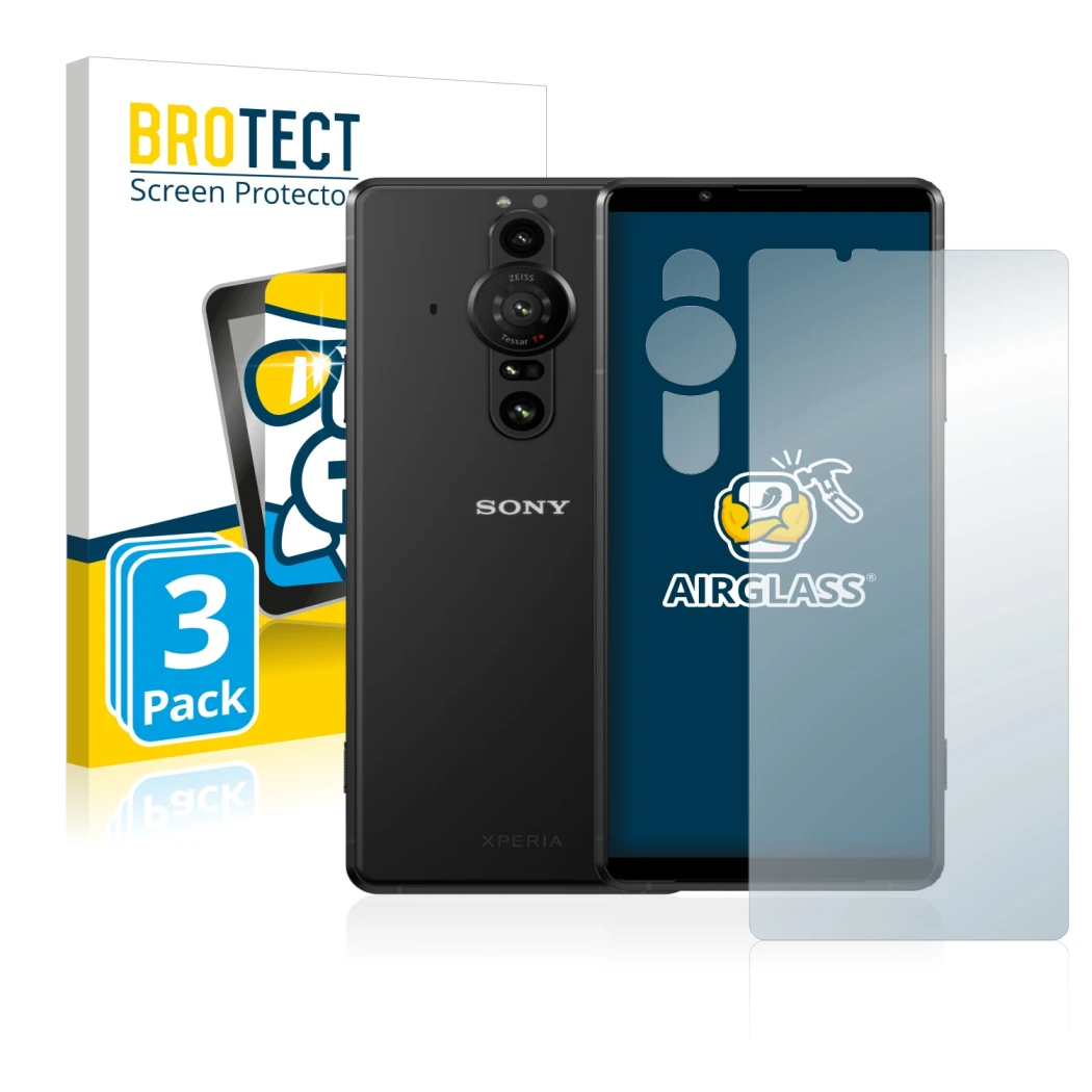 Front side of a product packaging with the brand logo BROTECT. Next to it is the device Sony Xperia Pro-I (Front+Camera) shown