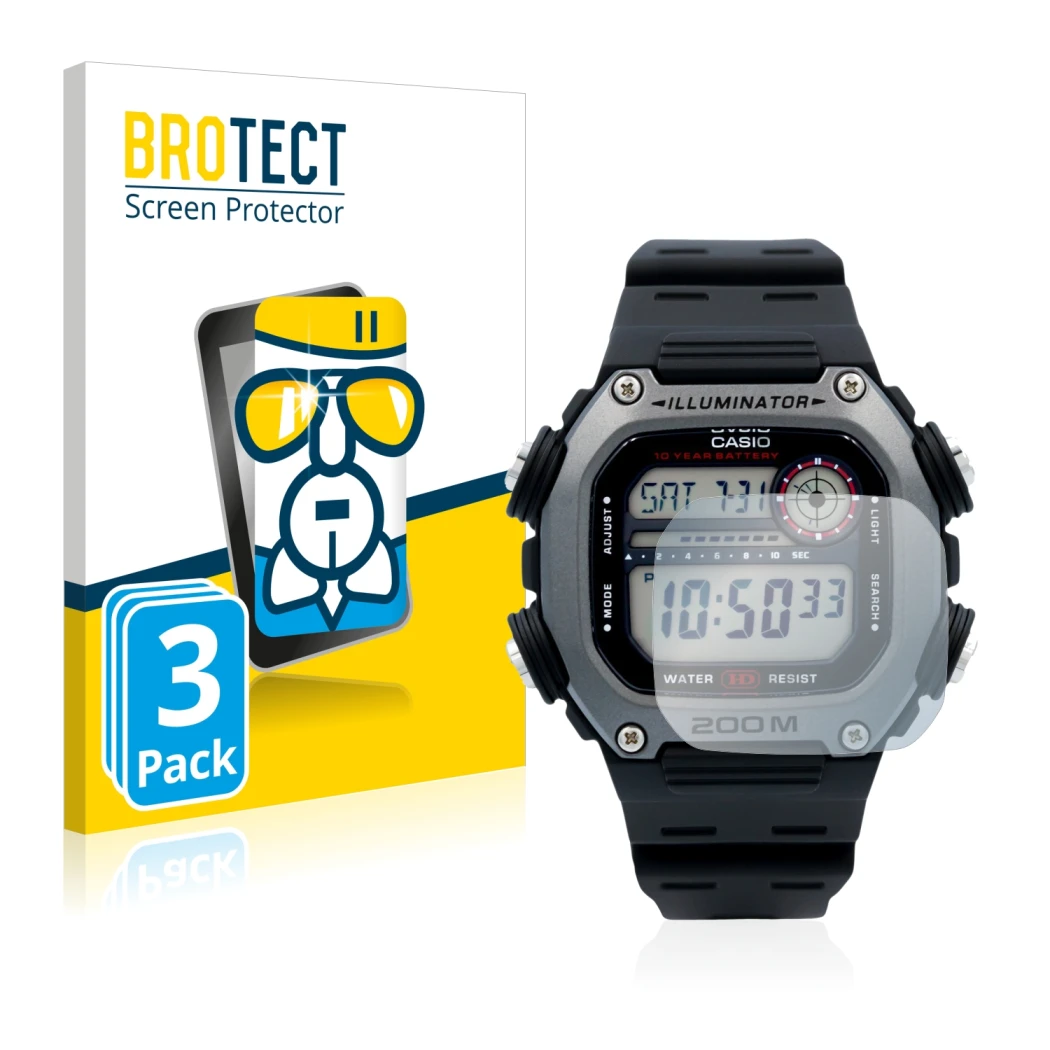 Front side of a product packaging with the brand logo BROTECT. Next to it is the device Casio DW-291H shown with the correspon
