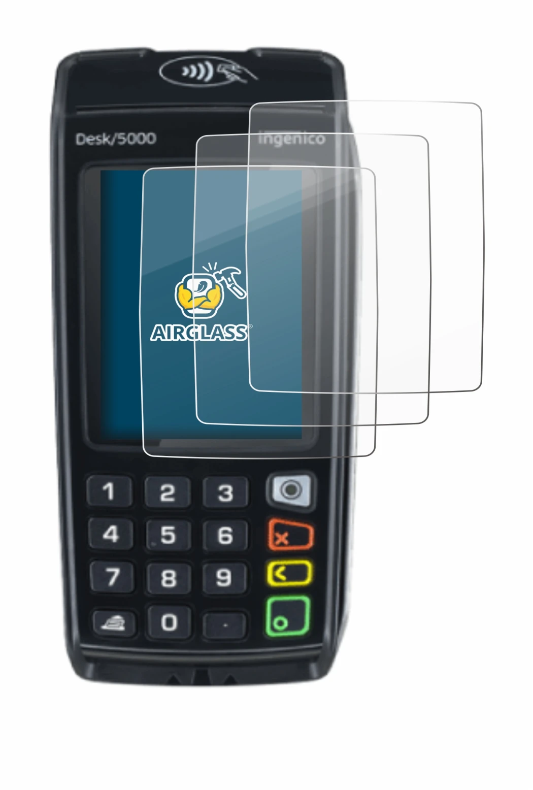 Image of the device ingenico Desk/5000 with a wide variety of screen protectors.