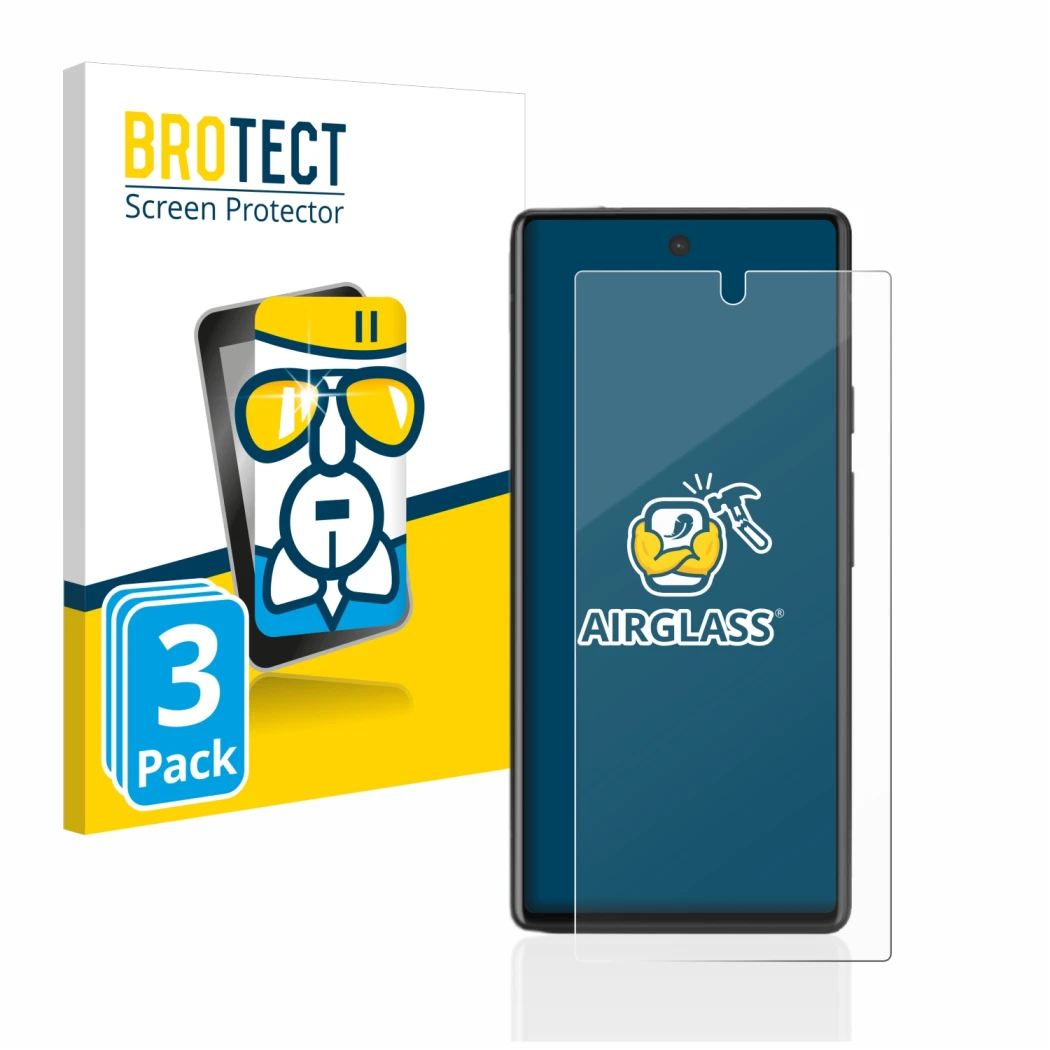 Front side of a product packaging with the brand logo BROTECT. Next to it is the device Google Pixel 6a shown with the corresp