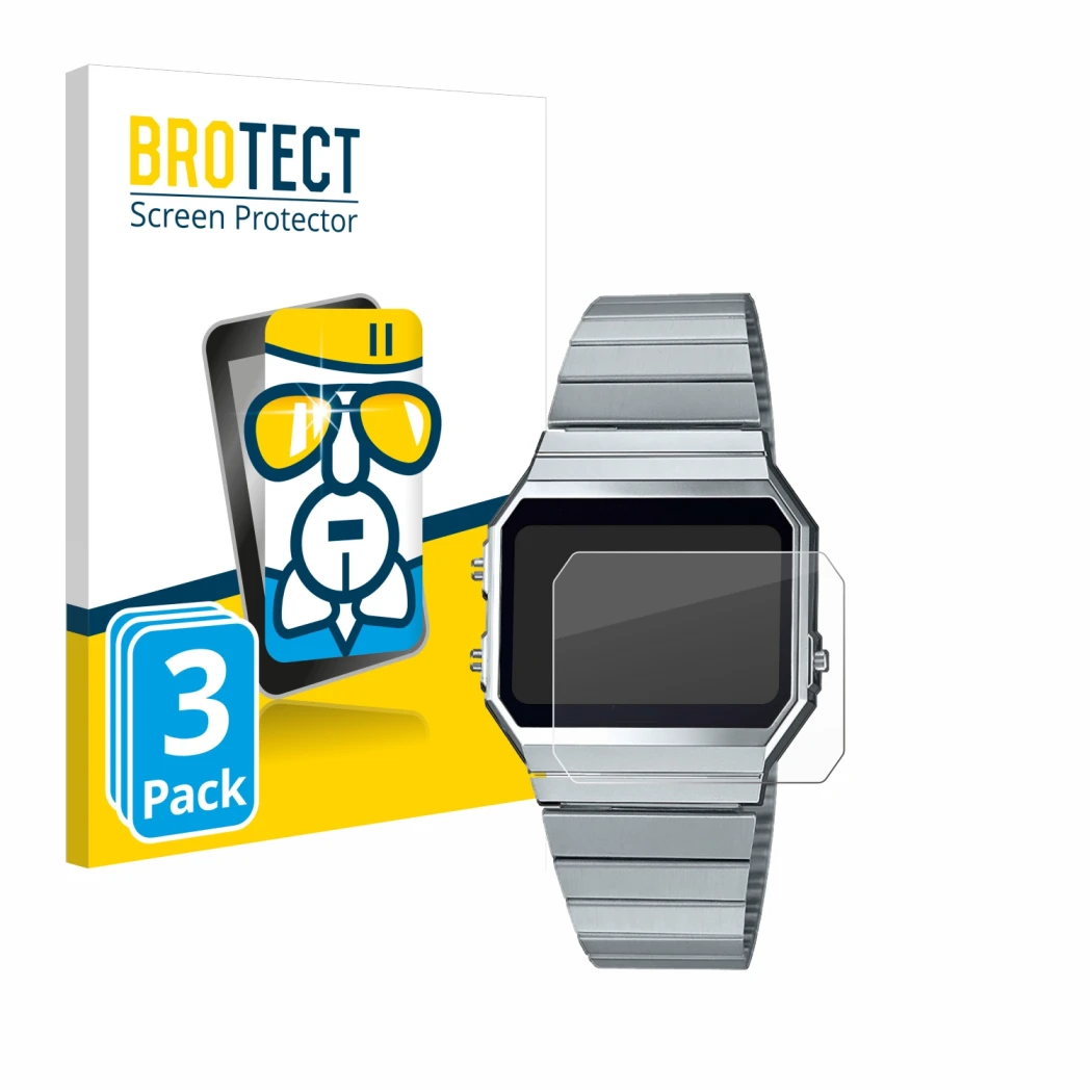 Front side of a product packaging with the brand logo BROTECT. Next to it is the device Casio A700WE shown with the correspond