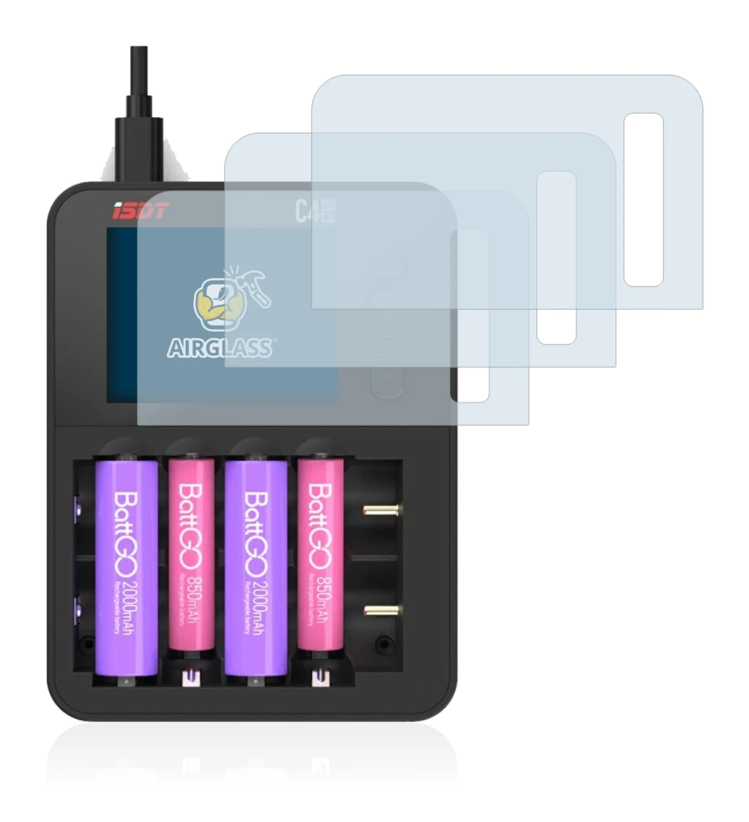 Image of the device ISDT C4 Evo with a wide variety of screen protectors.