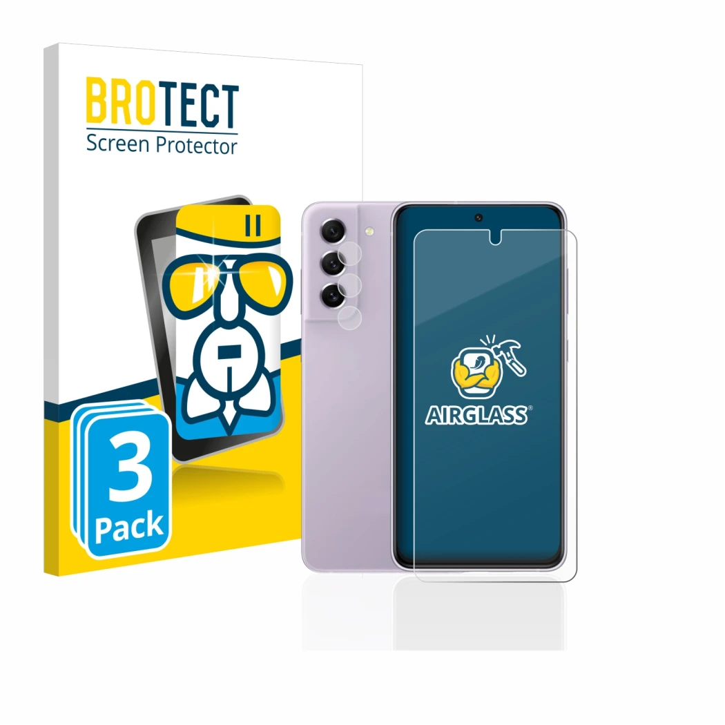 Front side of a product packaging with the brand logo BROTECT. Next to it is the device Samsung Galaxy S21 FE 5G (Front+Camera