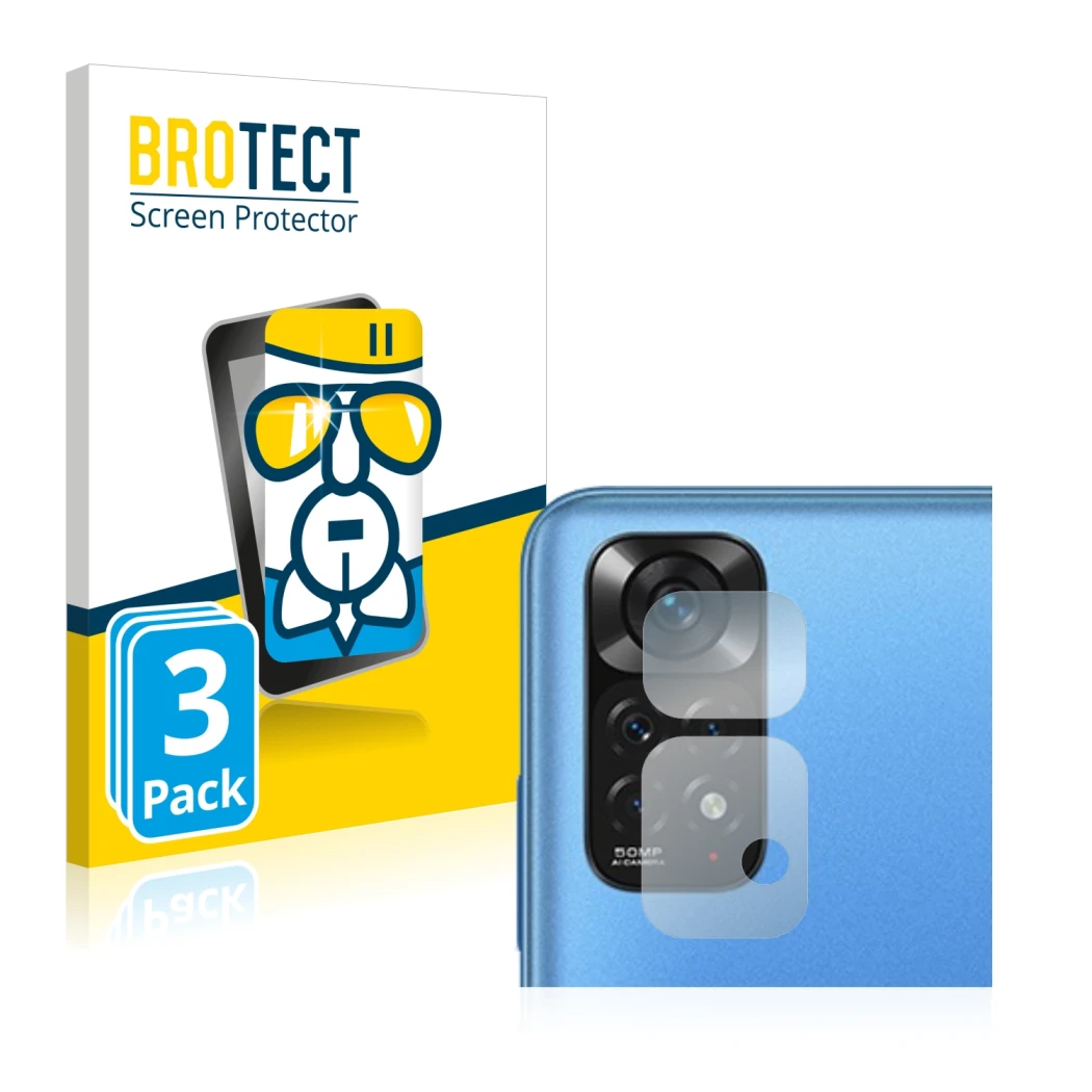 Front side of a product packaging with the brand logo BROTECT. Next to it is the device Xiaomi Redmi Note 11 (ONLY Camera Lens