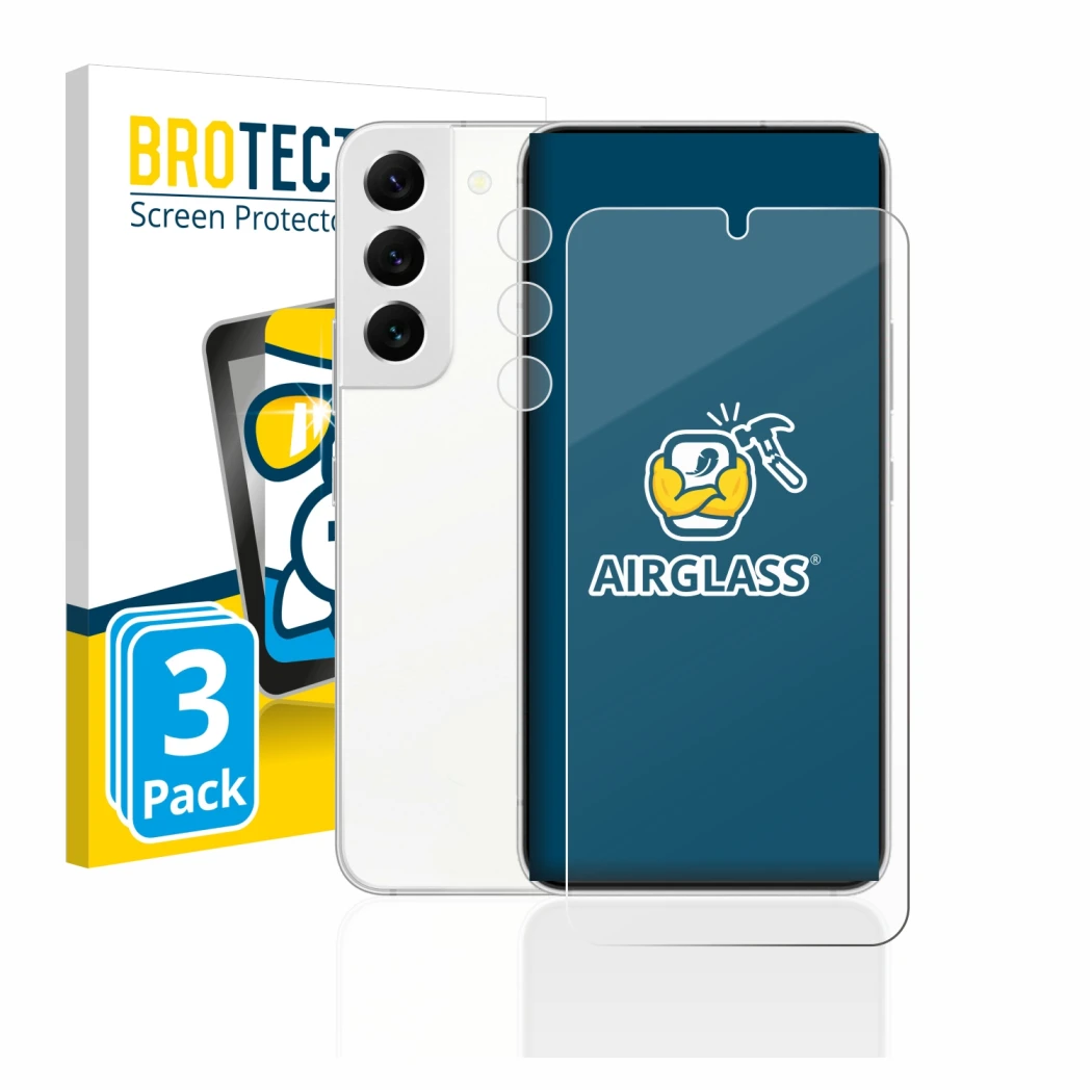 Front side of a product packaging with the brand logo BROTECT. Next to it is the device Samsung Galaxy S22 5G (Front+Camera) s