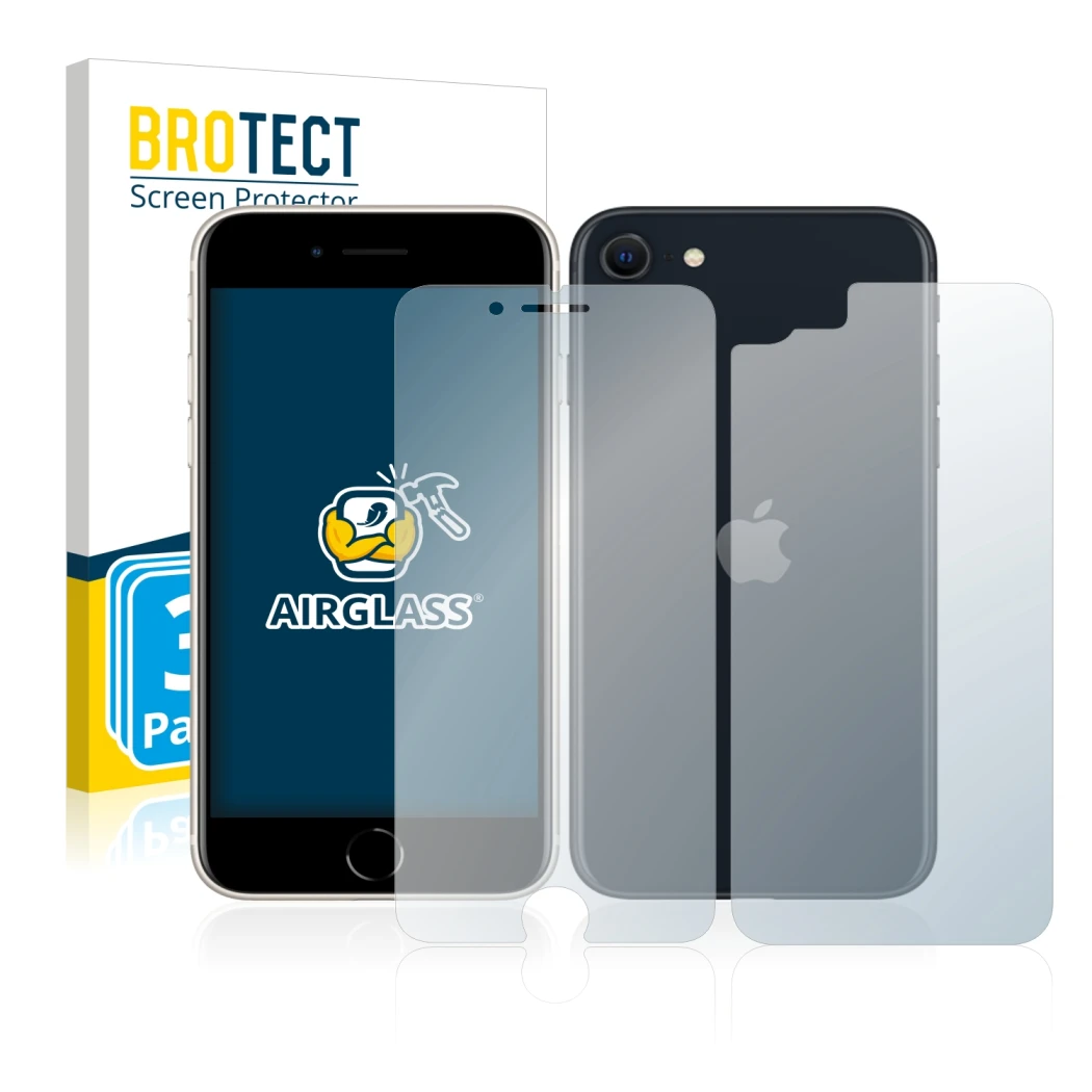 Front side of a product packaging with the brand logo BROTECT. Next to it is the device Apple iPhone SE 3 2022 (Front+Back) sh