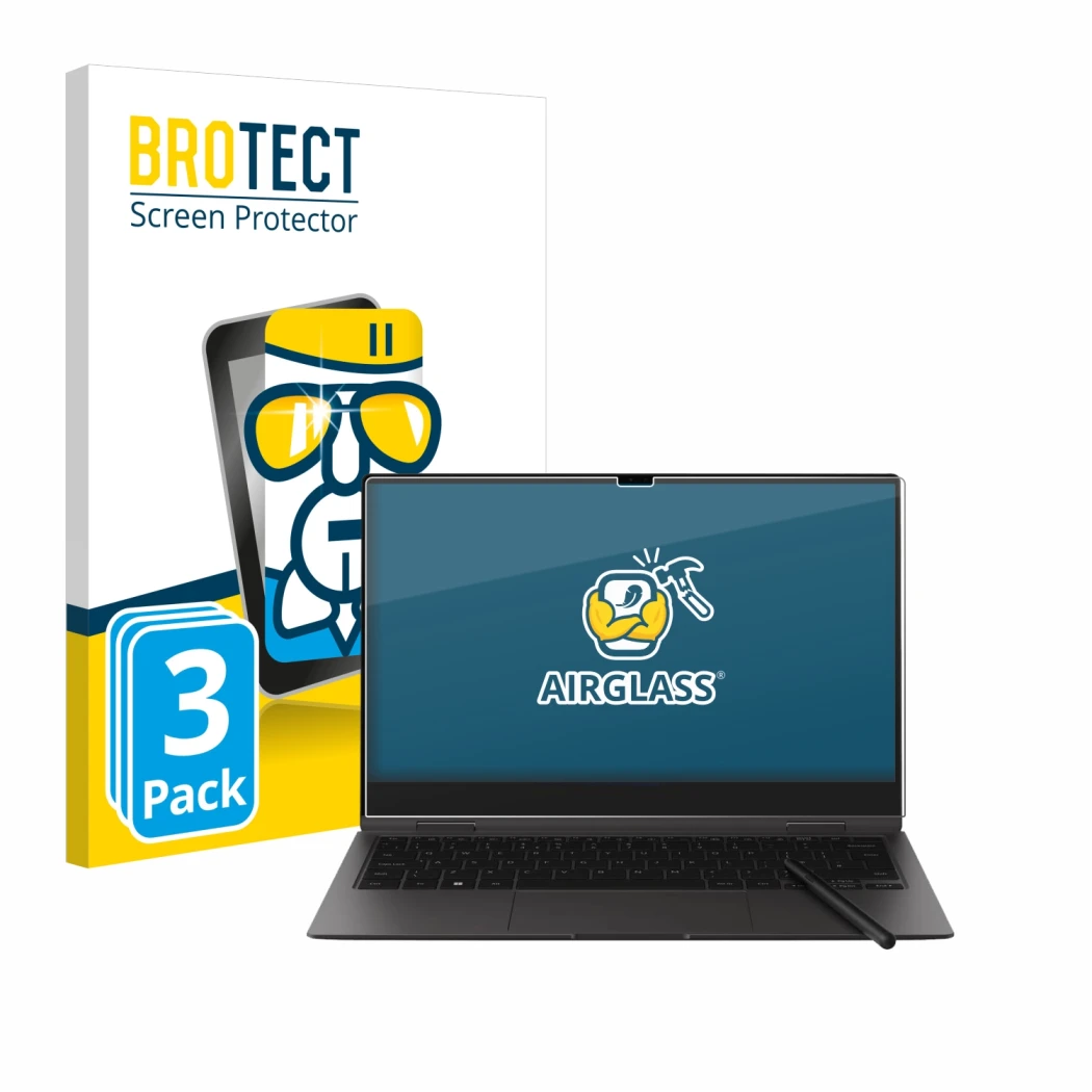 Front side of a product packaging with the brand logo BROTECT. Next to it is the device Samsung Galaxy Book2 Pro 360 13.3