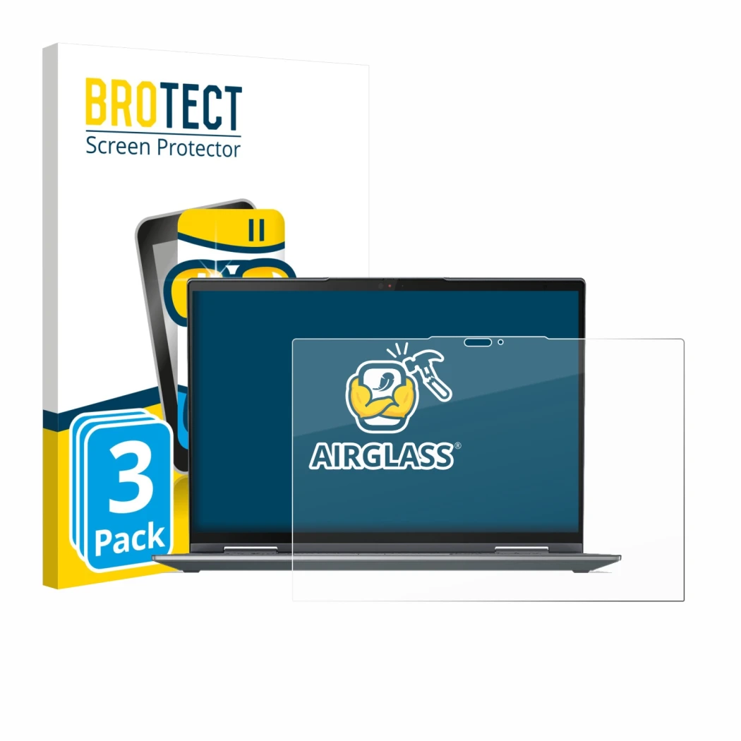 Front side of a product packaging with the brand logo BROTECT. Next to it is the device Lenovo ThinkPad X1 Yoga Gen 7 shown wi