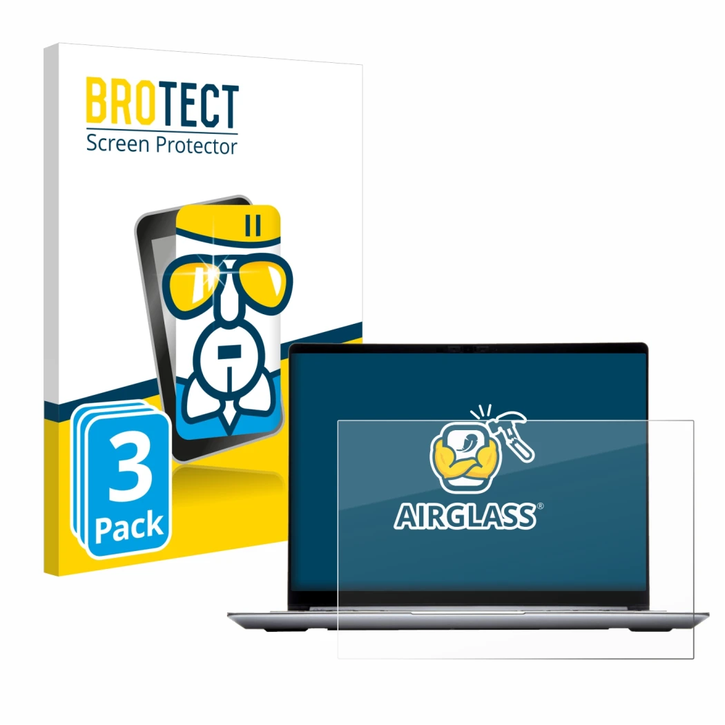 Front side of a product packaging with the brand logo BROTECT. Next to it is the device Framework Laptop 13 shown with the cor