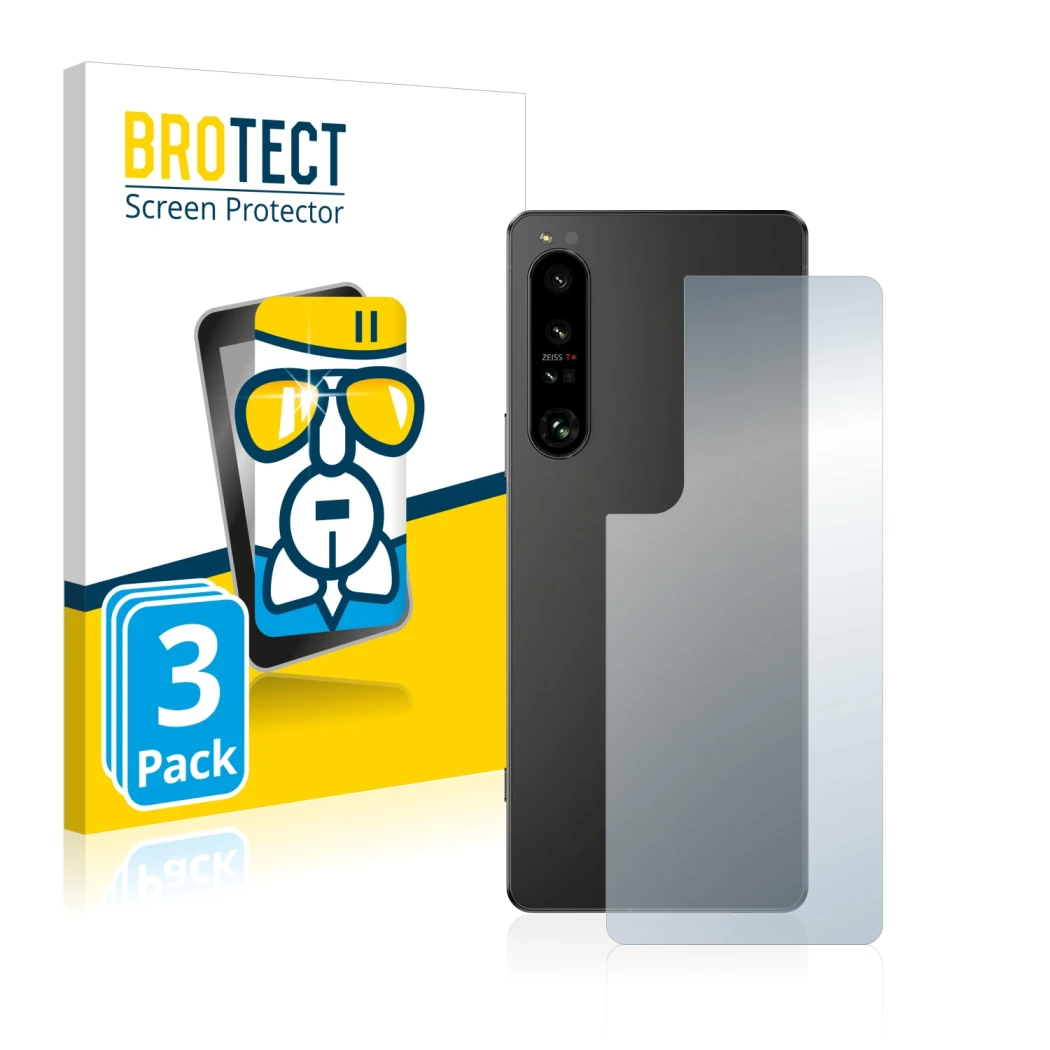 Front side of a product packaging with the brand logo BROTECT. Next to it is the device Sony Xperia 1 IV (Back) shown with the