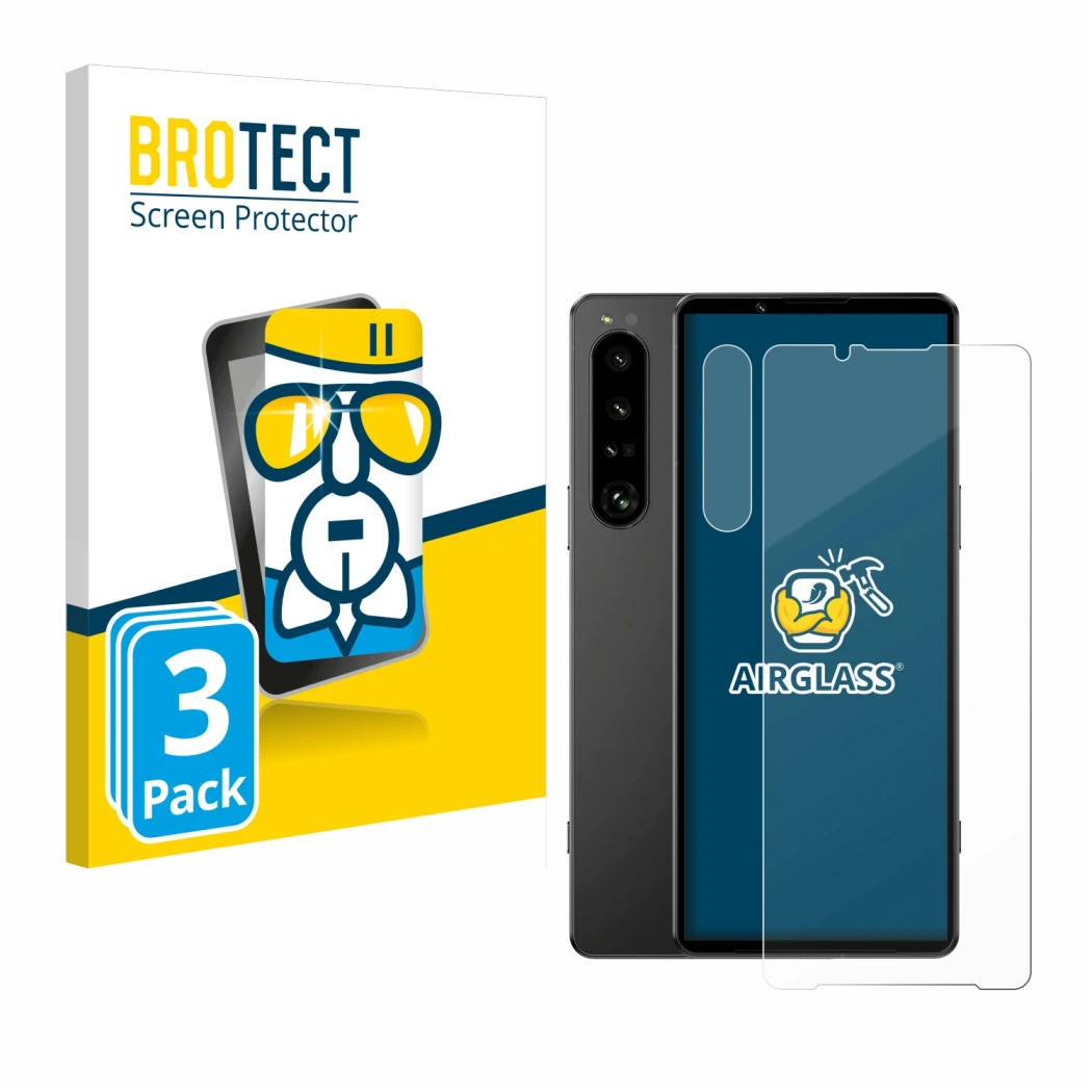 Front side of a product packaging with the brand logo BROTECT. Next to it is the device Sony Xperia 1 IV (Front+Camera) shown 