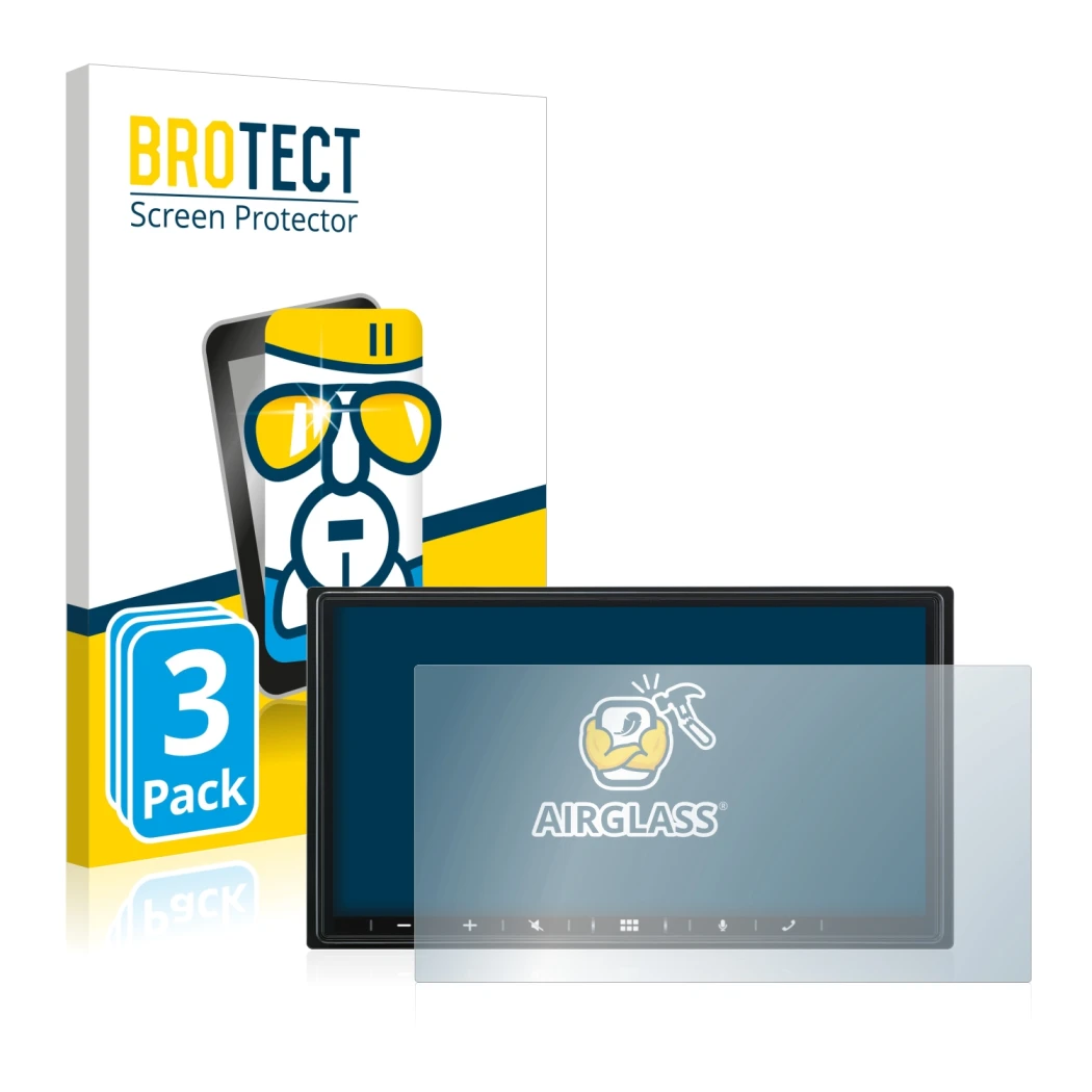 Front side of a product packaging with the brand logo BROTECT. Next to it is the device Alpine iLX-W690D shown with the corres