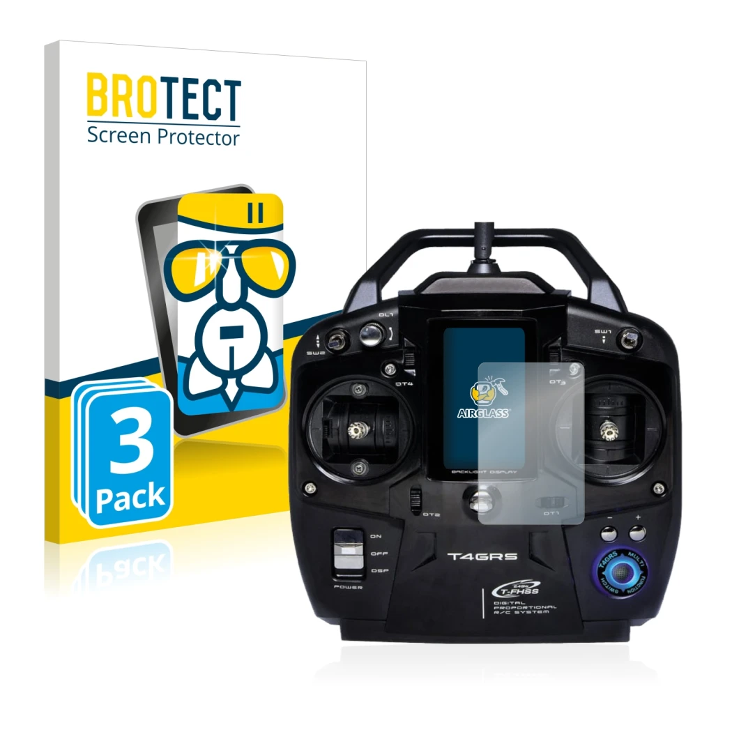 Front side of a product packaging with the brand logo BROTECT. Next to it is the device Futaba T4GRS shown with the correspond