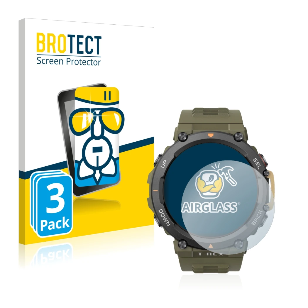 Front side of a product packaging with the brand logo BROTECT. Next to it is the device Huami Amazfit T-Rex 2 shown with the c