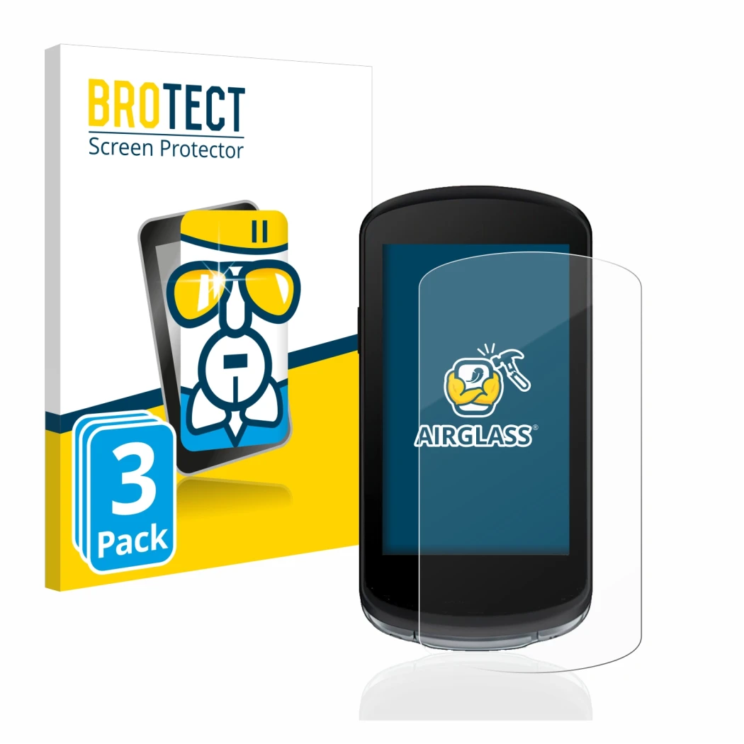 Front side of a product packaging with the brand logo BROTECT. Next to it is the device Garmin Edge 1040 shown with the corres