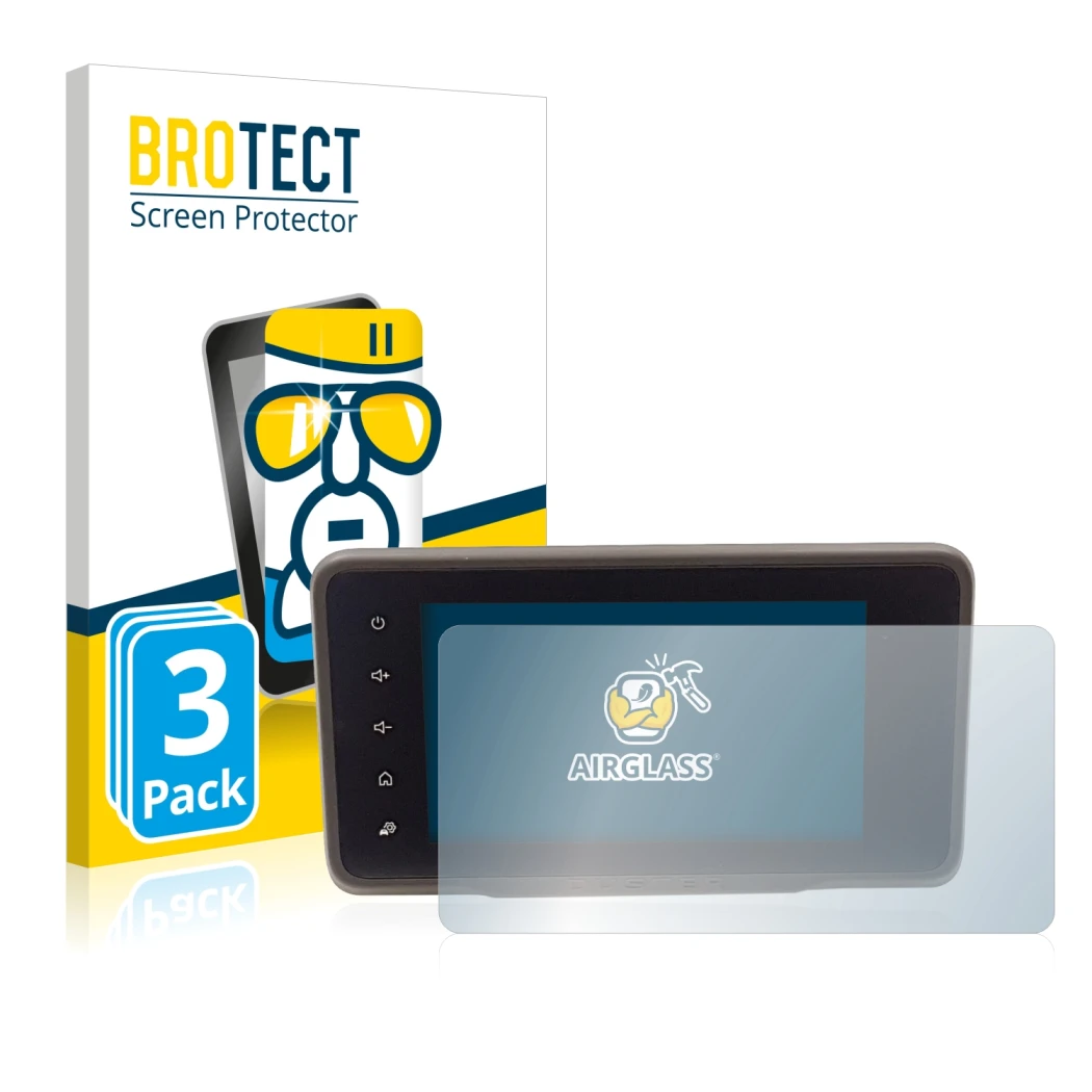 Front side of a product packaging with the brand logo BROTECT. Next to it is the device Dacia Duster 2 MediaDisplay shown with