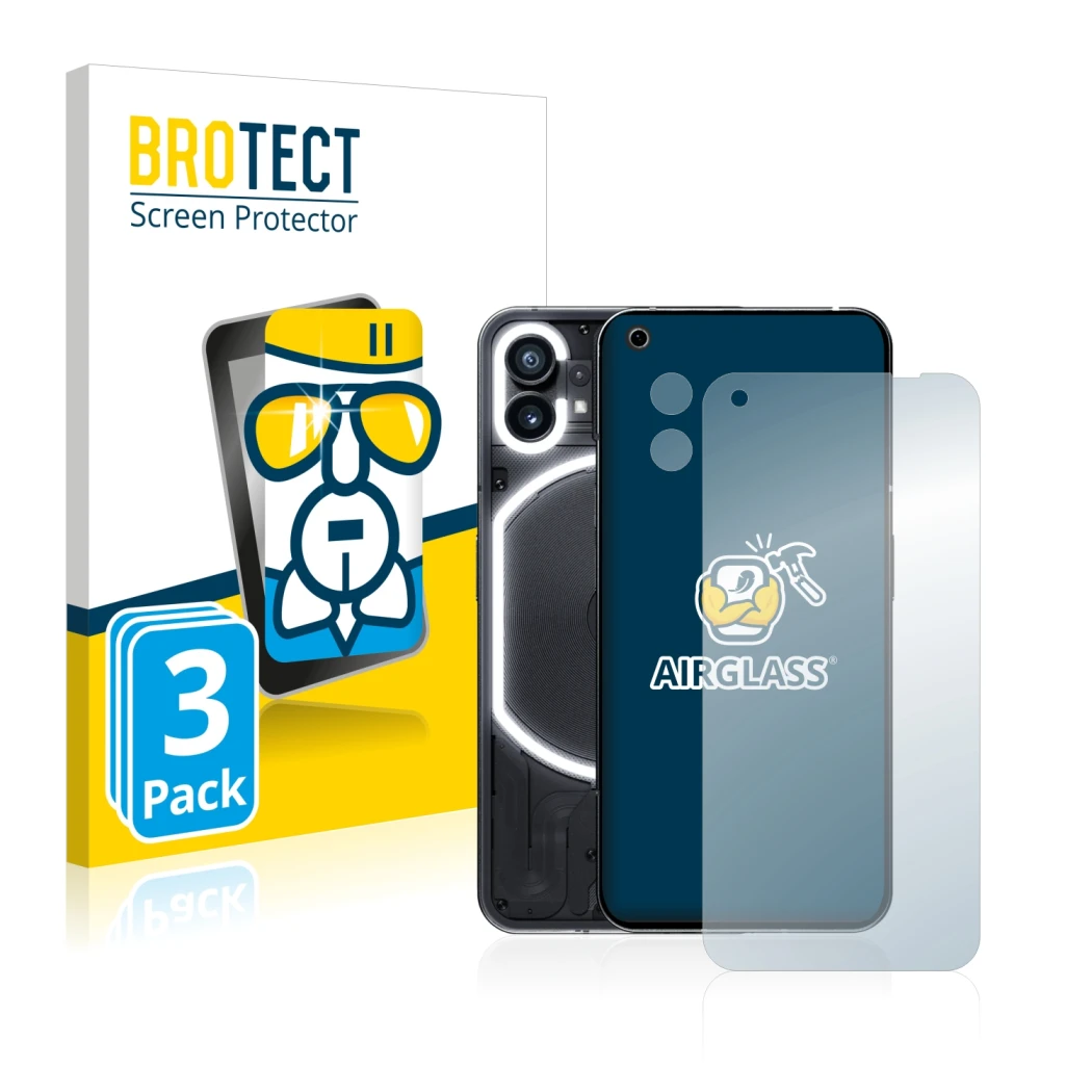 Front side of a product packaging with the brand logo BROTECT. Next to it is the device Nothing Phone (1) (Front+Camera) shown