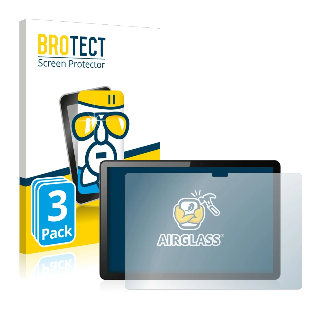 Front side of a product packaging with the brand logo BROTECT. Next to it is the device Lenovo Tab M10 (3th Gen.) shown with t