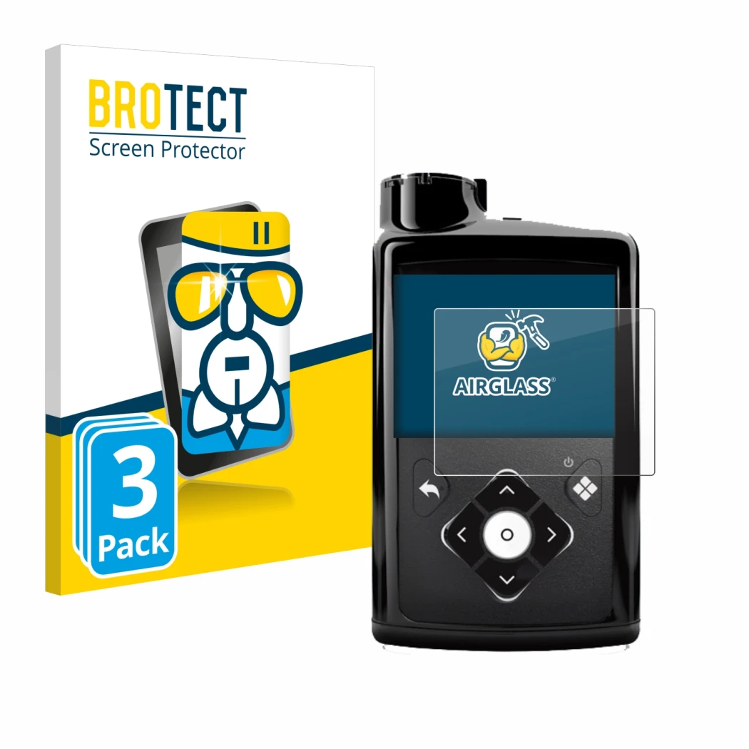 Front side of a product packaging with the brand logo BROTECT. Next to it is the device Medtronic Minimed 780G shown with the