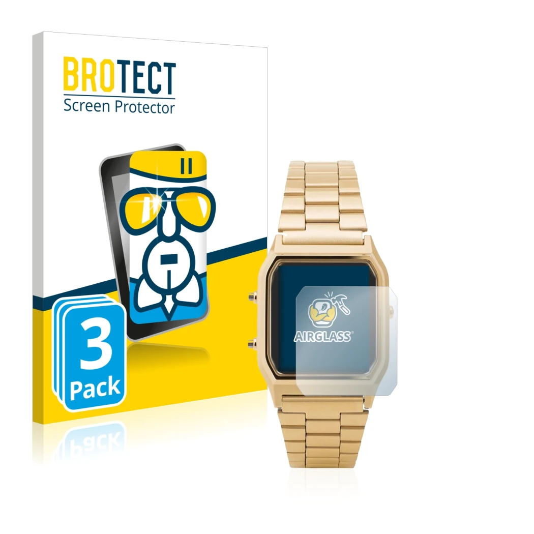 Front side of a product packaging with the brand logo BROTECT. Next to it is the device Casio AQ-230GA shown with the correspo