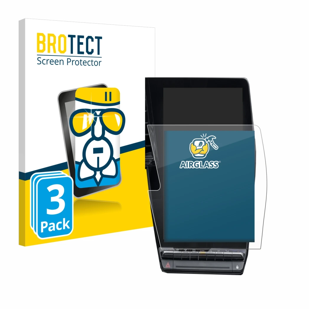 Front side of a product packaging with the brand logo BROTECT. Next to it is the device Renault Megane E-Tech openR Link 12
