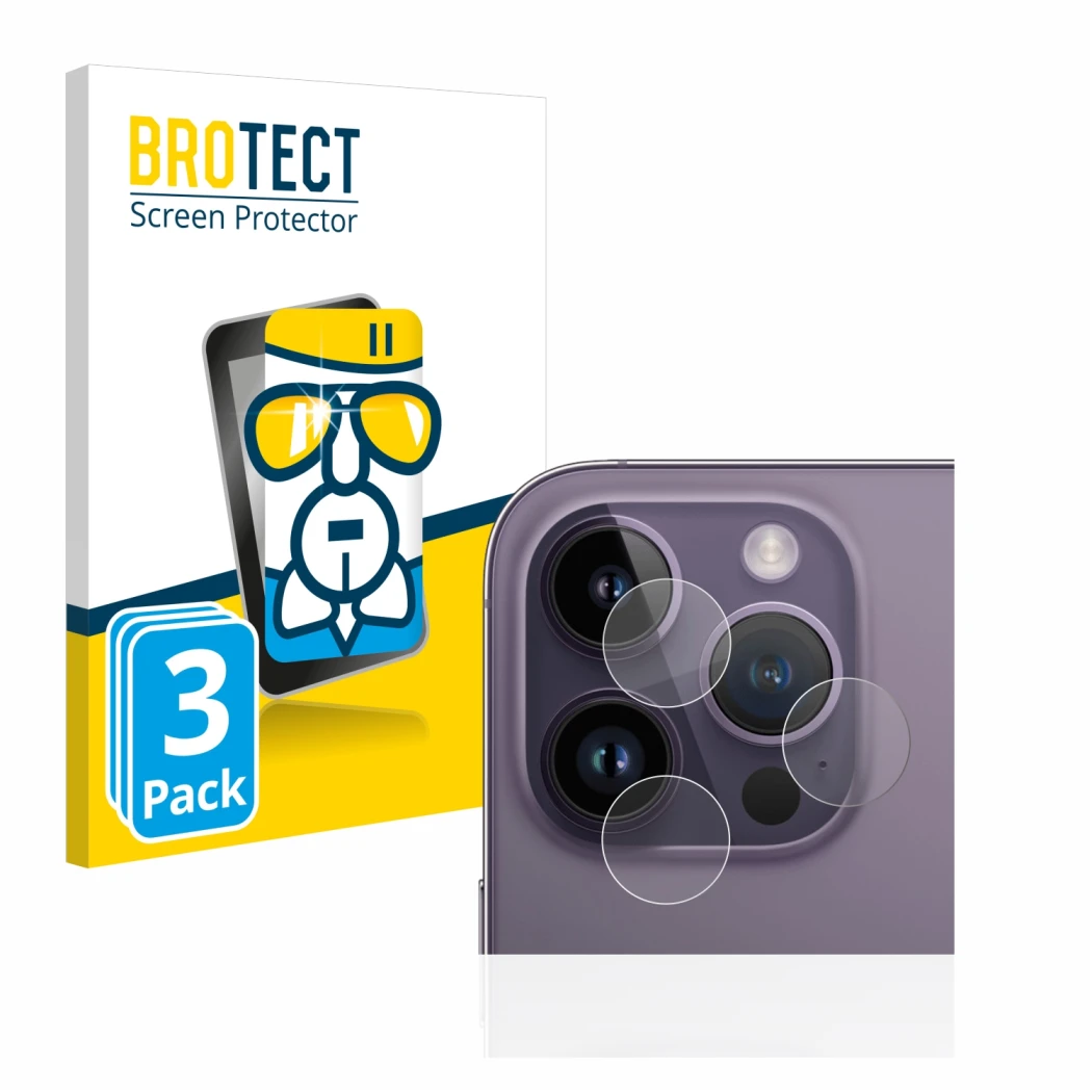 Front side of a product packaging with the brand logo BROTECT. Next to it is the device Apple iPhone 14 Pro (ONLY Camera Lens)