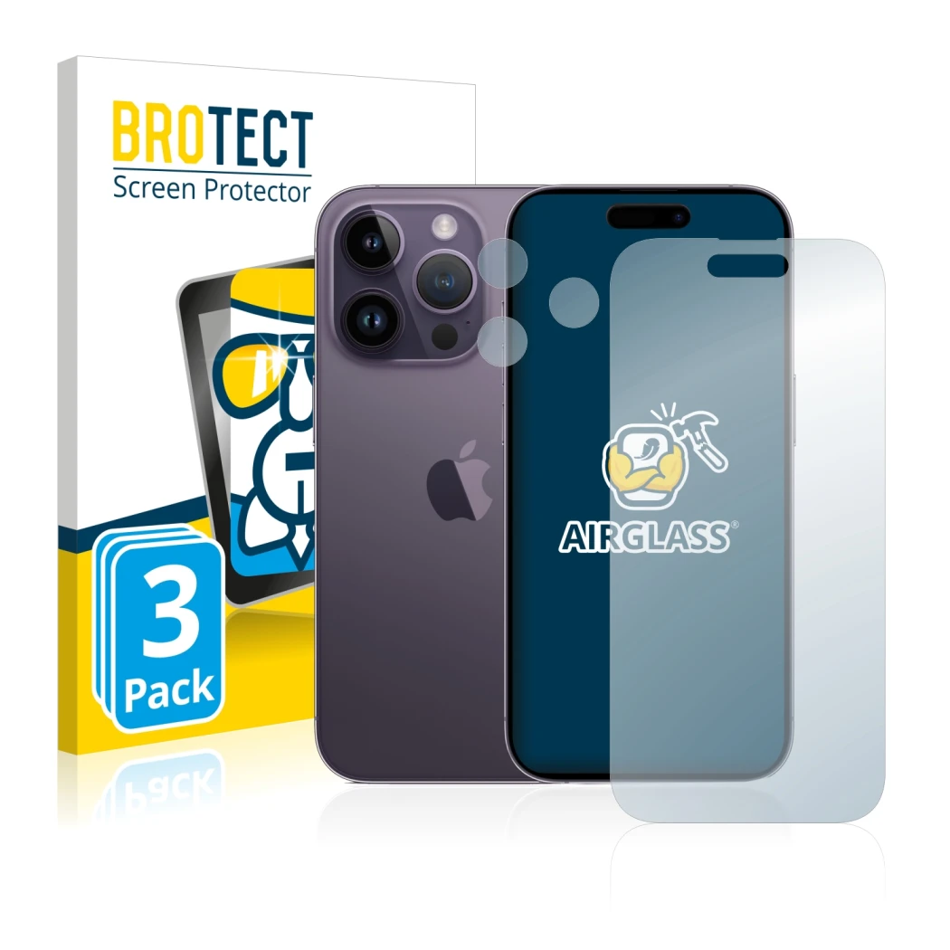 Front side of a product packaging with the brand logo BROTECT. Next to it is the device Apple iPhone 14 Pro (Front+Camera) sho