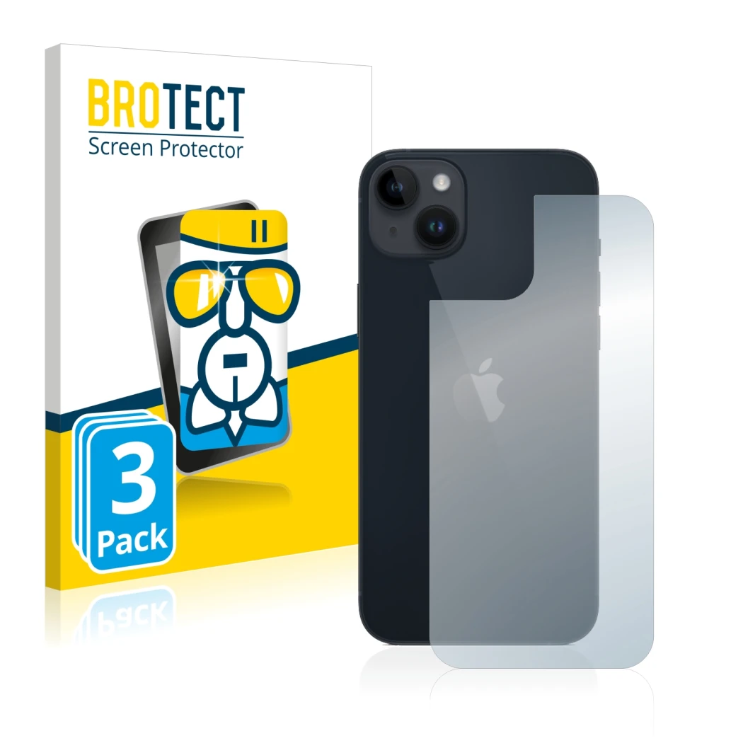 Front side of a product packaging with the brand logo BROTECT. Next to it is the device Apple iPhone 14 Plus (Back) shown with