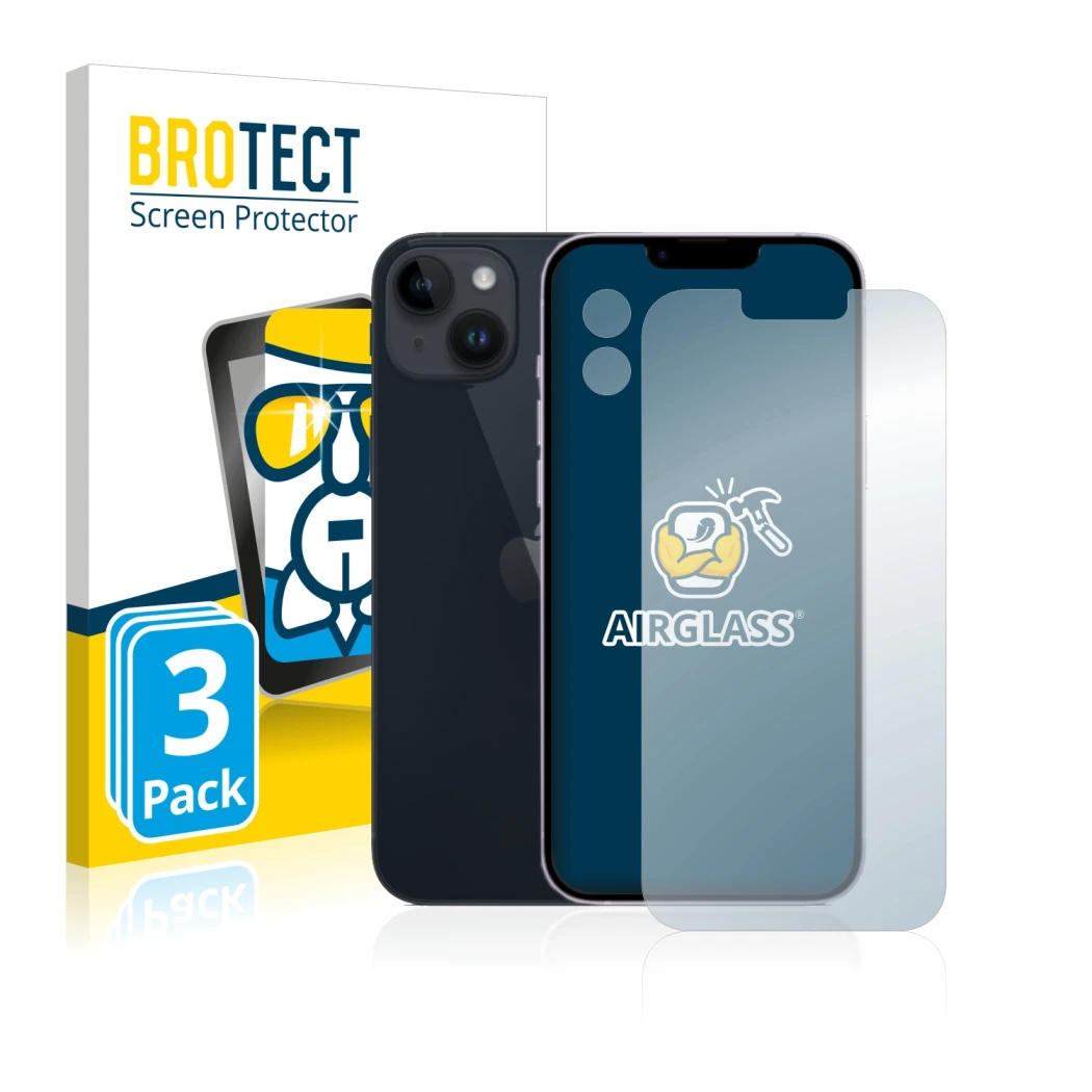 Front side of a product packaging with the brand logo BROTECT. Next to it is the device Apple iPhone 14 Plus (Front+Camera) sh